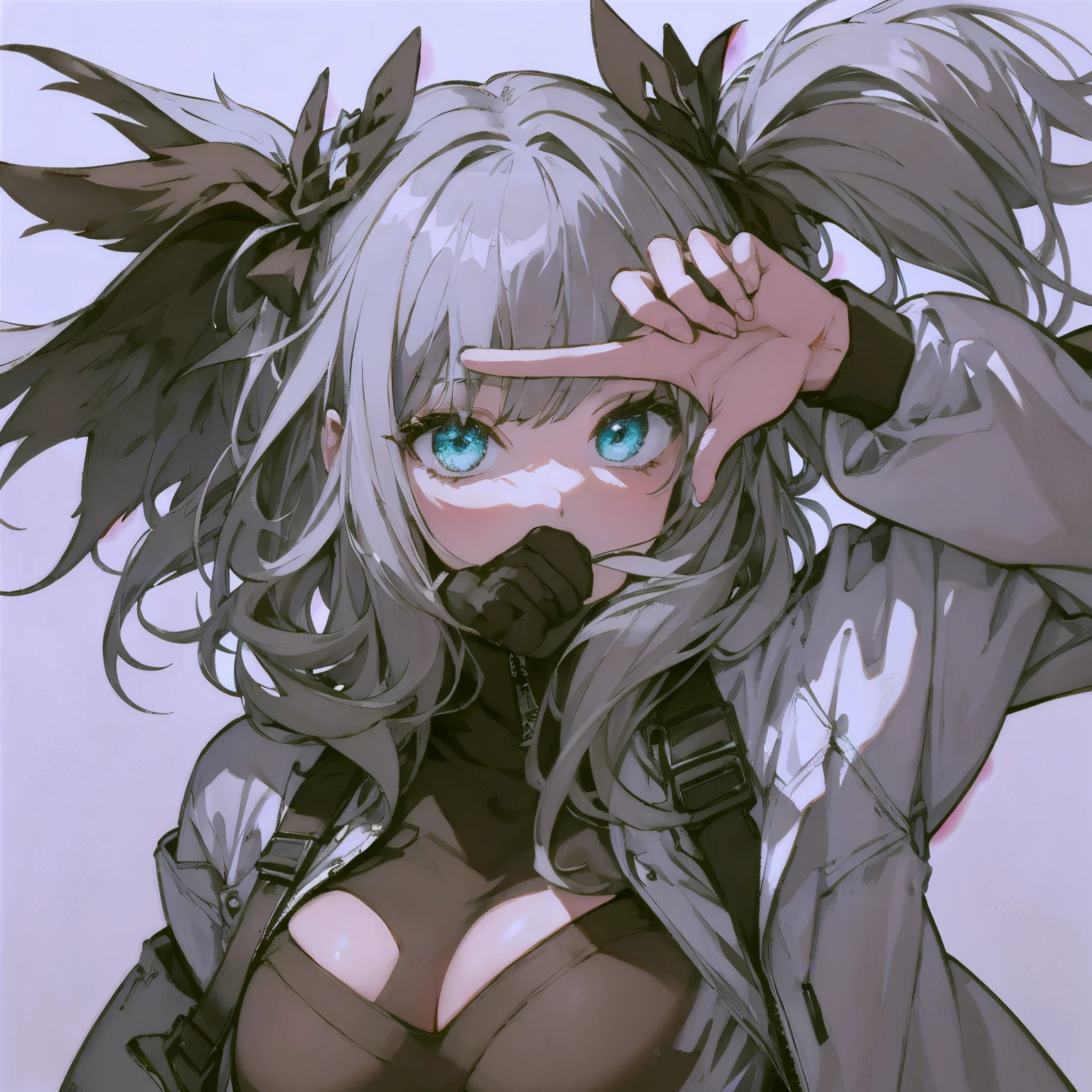 (masutepiece:1.2, Best Quality), 1 girl in, Turquoise eyes, jet-black hair, Jacket,(Gray white background:1.7),Finger Frame,full body,big breast,