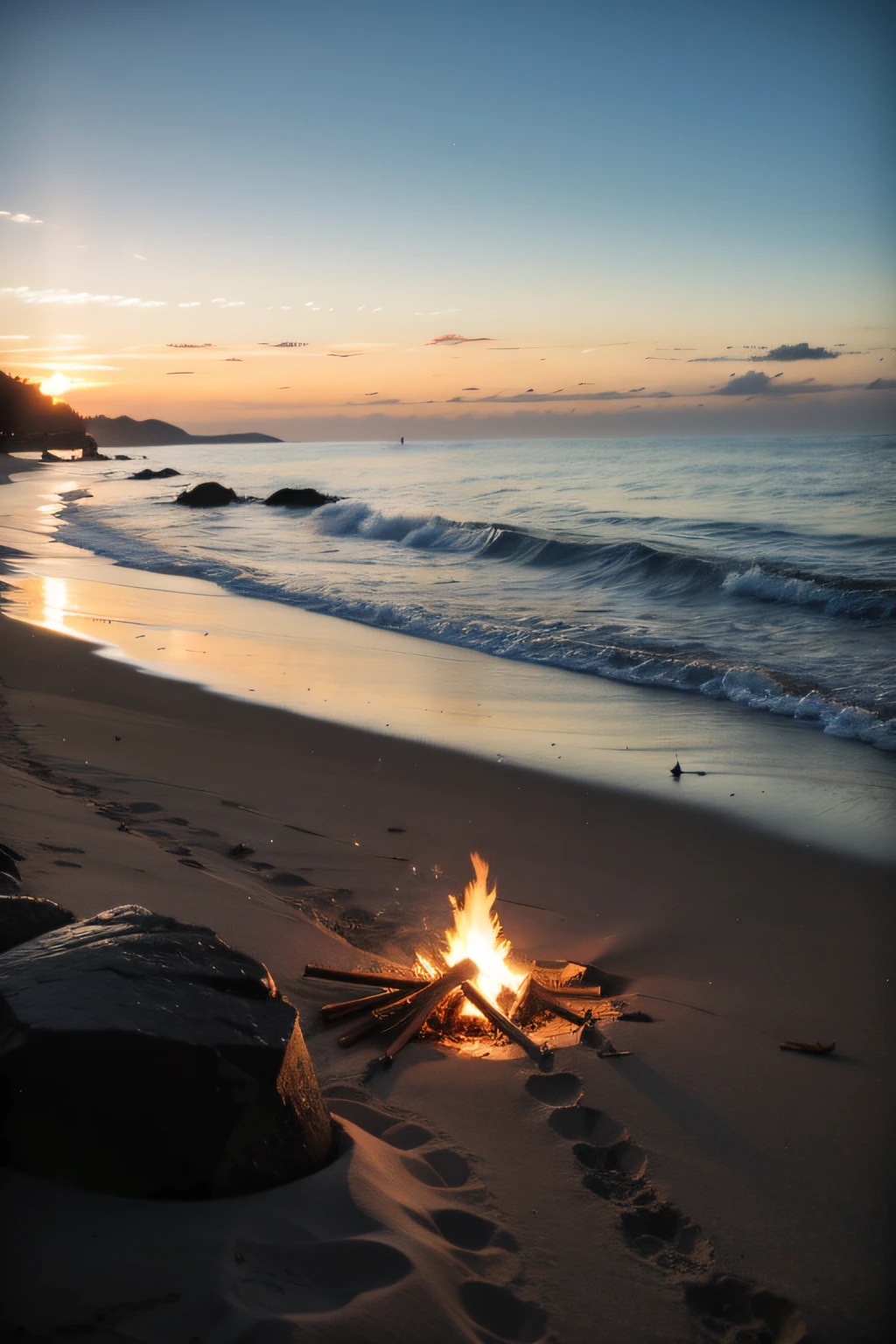 eventide,sea surface,sandbeach,lonely campfire