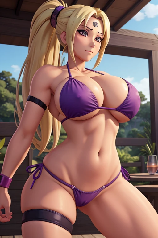 create Tsunade from the anime Naruto with a purple thong bikini being surrounded and raped by several men who grabbed her huge breasts and removed her bikini