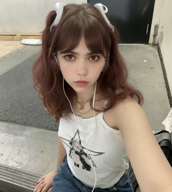 there a woman sitting on a bench with headphones on, Parece una mezcla de grimes, Parece una mezcla de grimes, Chica con orejas de gato, con flequillo, flequillo blanco, Cabello limpio con flequillo, Chica de anime en la vida real, Hermosa joven catgirl, Ilya Kuvshinov con cabello largo, Parecido a una mezcla de mugres, Joey Rey