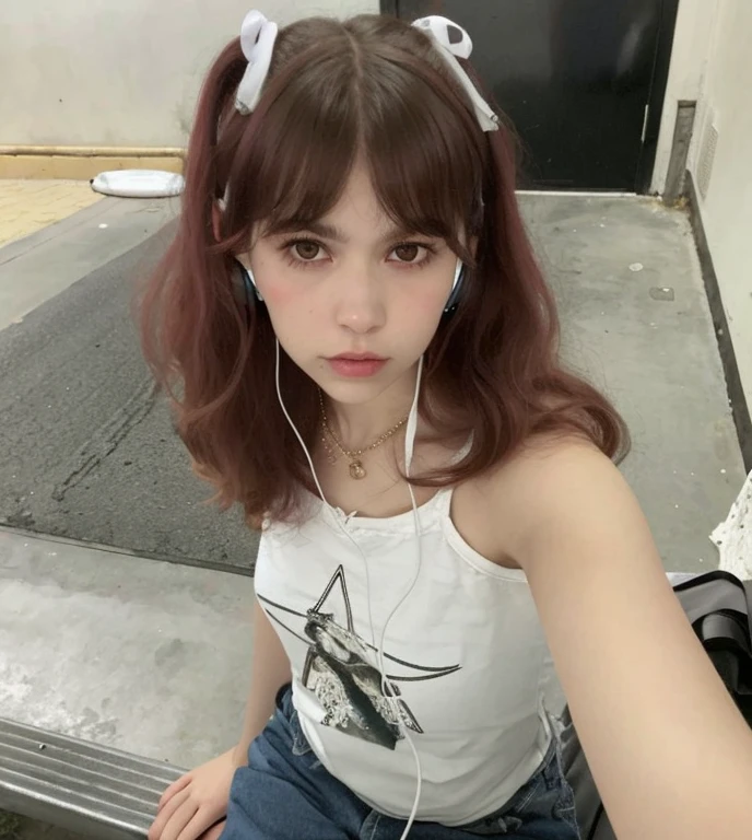 there a woman sitting on a bench with headphones on, Parece una mezcla de grimes, Parece una mezcla de grimes, Chica con orejas de gato, con flequillo, flequillo blanco, Cabello limpio con flequillo, Chica de anime en la vida real, Hermosa joven catgirl, Ilya Kuvshinov con cabello largo, Parecido a una mezcla de mugres, Joey Rey