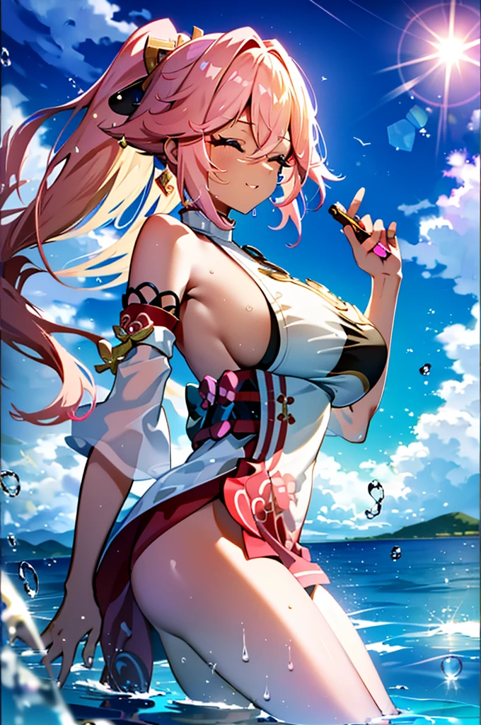 Best quality, tmasterpiece, Incredibly beautiful, very elaborate 8K wallpaper, otherworldly beautiful girl, , (Dark skin), (blonde hair pink gradient hair), Side pony, intermittently, Open your mouth and laugh, Long eyelashes, cosmetics, Close her eyes, (zoomout, bigger, BigREAK, 夏天, Beachy, (比基尼), Reflection in the water, (Floating water drops blur foreground), (blue-sky), lens flare glow, (water splash), rays of sunshine,