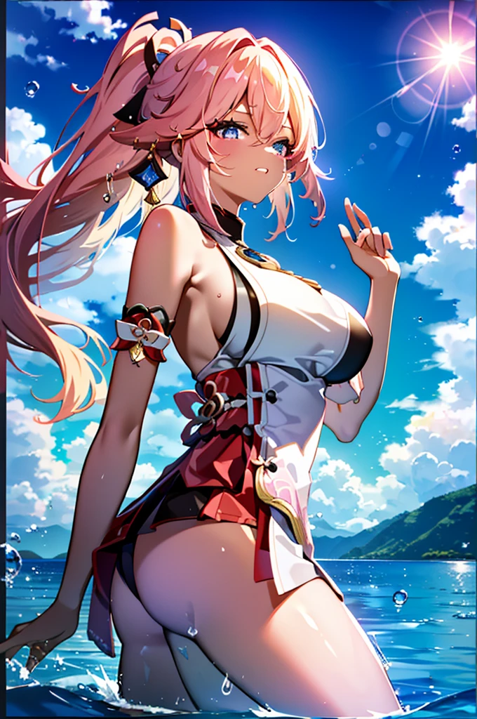 Best quality, tmasterpiece, Incredibly beautiful, very elaborate 8K wallpaper, otherworldly beautiful girl, , (Dark skin), (blonde hair pink gradient hair), Side pony, intermittently, Open your mouth and laugh, Long eyelashes, cosmetics, Close her eyes, (zoomout, bigger, BigREAK, 夏天, Beachy, (比基尼), Reflection in the water, (Floating water drops blur foreground), (blue-sky), lens flare glow, (water splash), rays of sunshine,