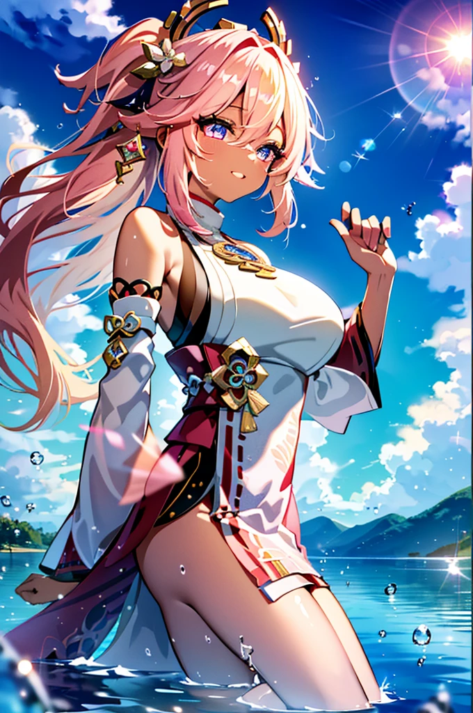 Best quality, tmasterpiece, Incredibly beautiful, very elaborate 8K wallpaper, otherworldly beautiful girl, , (Dark skin), (blonde hair pink gradient hair), Side pony, intermittently, Open your mouth and laugh, Long eyelashes, cosmetics, Close her eyes, (zoomout, bigger, BigREAK, 夏天, Beachy, (比基尼), Reflection in the water, (Floating water drops blur foreground), (blue-sky), lens flare glow, (water splash), rays of sunshine,