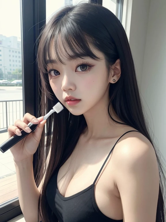 Araffe Asian woman with long black hair holding a toothbrush, ulzzang, Jaeyeon Nam, Lalisa Manobal, Heonhwa Choe, Chica coreana, Jinyoung Shin, 韓国アイドル, young gravure idol, young thin gravure idol, Shikamimi, con flequillo, Lalisa Manoban de Blackpink, Wan adorable cara coreana