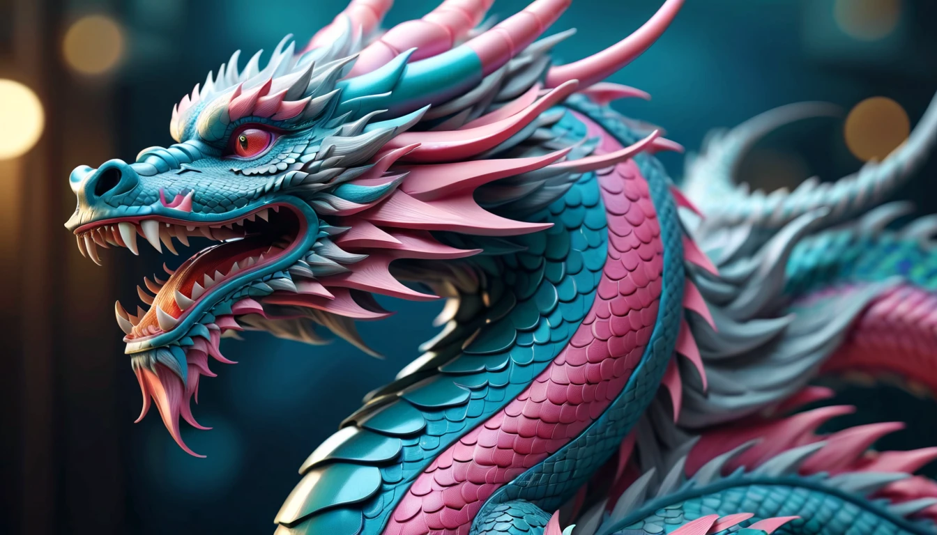 Druged 3d chinese dragon, huge, capsuled dragon 3 d art, stunning artwork, extremely high quality artwork, beautiful artwork, colorful hyperrealism, beeple colors, blue, pink, grey,(best quality,4k,8k,highres,masterpiece:1.2),ultra-detailed,(realistic,photorealistic,photo-realistic:1.37),HDR,UHD,studio lighting,ultra-fine painting,sharp focus,physically-based rendering,extreme detail description,professional,vivid colors,bokeh. Attention：Original art by Tupu.