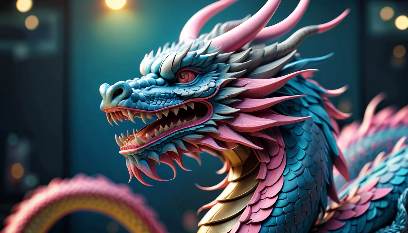 Druged 3d chinese dragon, huge, capsuled dragon 3 d art, stunning artwork, extremely high quality artwork, beautiful artwork, colorful hyperrealism, beeple colors, blue, pink, grey, wide shot, (best quality,4k,8k,highres,masterpiece:1.2),ultra-detailed,(realistic,photorealistic,photo-realistic:1.37),HDR,UHD,studio lighting,ultra-fine painting,sharp focus,physically-based rendering,extreme detail description,professional,vivid colors,bokeh. Attention：Original art by Tupu.