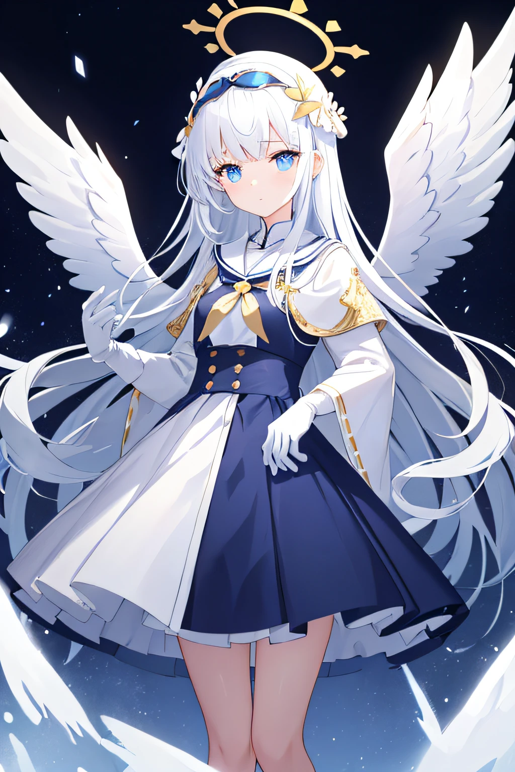 tmasterpiece,Extremely Delicately Beautiful,Two-dimensional exquisite painting style,Extremely detailed and delicate,8K ,high qulity,ultra - detailed,CG wallpaper,illuminations,Color background grayscale:1.1, Girls with white hair and straight hair,blue color eyes,are standing,Look forward expressionlessly,Wear a white gorgeous shawl top,Wearing a white JK skirt,nipple play《azur lane》Stylized,There a golden halo on the head,White school uniform,Gorgeous white shawl set,novice,Women's hands,独奏,1 truck,Full body lesbian,The stands up,Beautiful melon seed face,Big clear and bright eyes,Looking directly at,face expressionless,There a golden halo on the head,novice,Wearing white gloves,Women's hands,Goggles on his head,There a pair of small white wings on the back and waist,Hands down