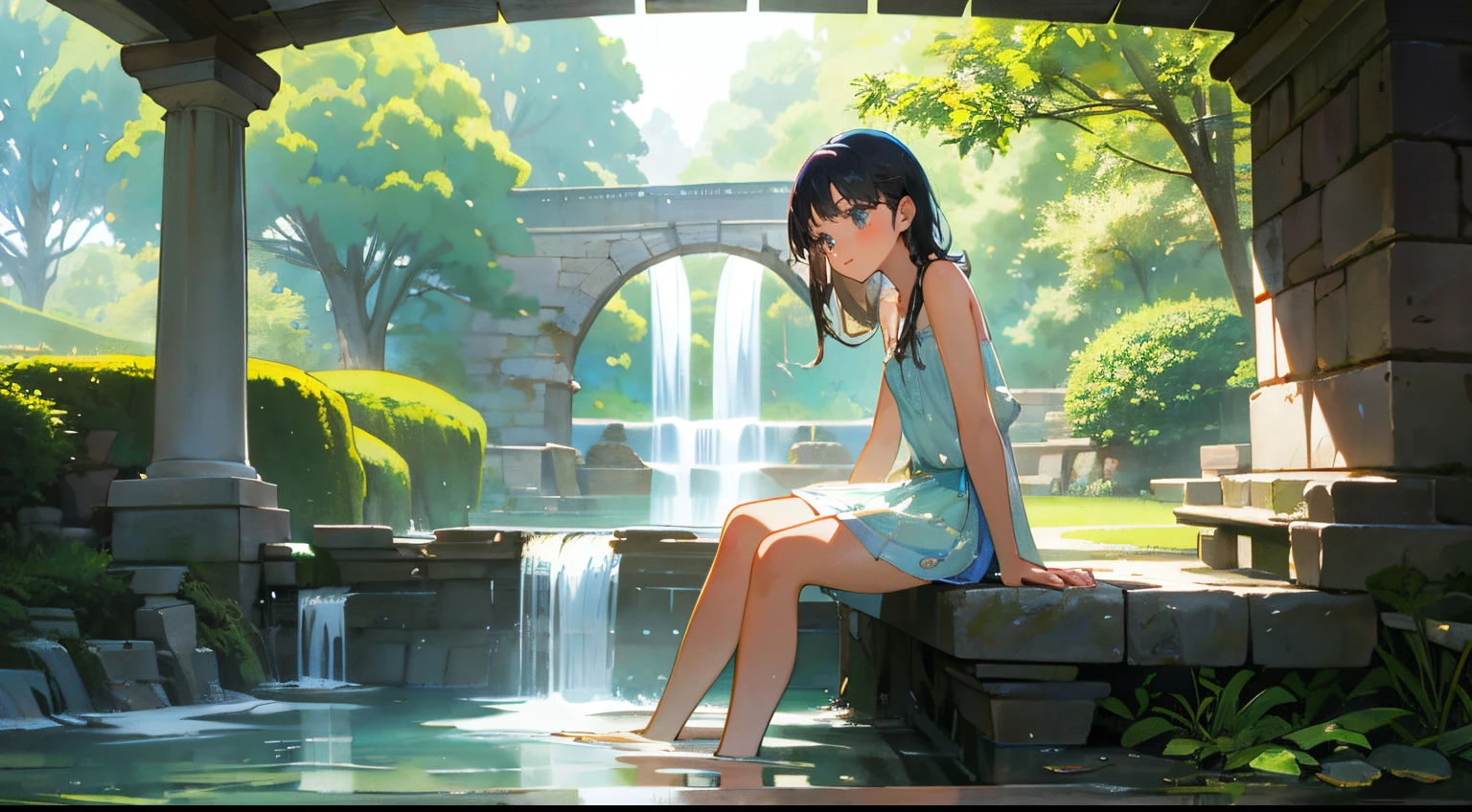 1 girl, sitting in front of the photo, shy, close up, naked, watercolor, wet cloths, water drop on her body, Ancient roman architecture, cool colors, garden, pergola , lake, stone bridge, rockery, arch, corner, tree, running water, waterfall,