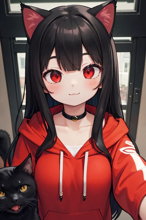 high resolution, masterpiece, best quality, illustration, furry, black cat girl, POV, upper body, long hair, black hair, *//*, red eye, *//*, red hoodie, looking at viewer, smile,