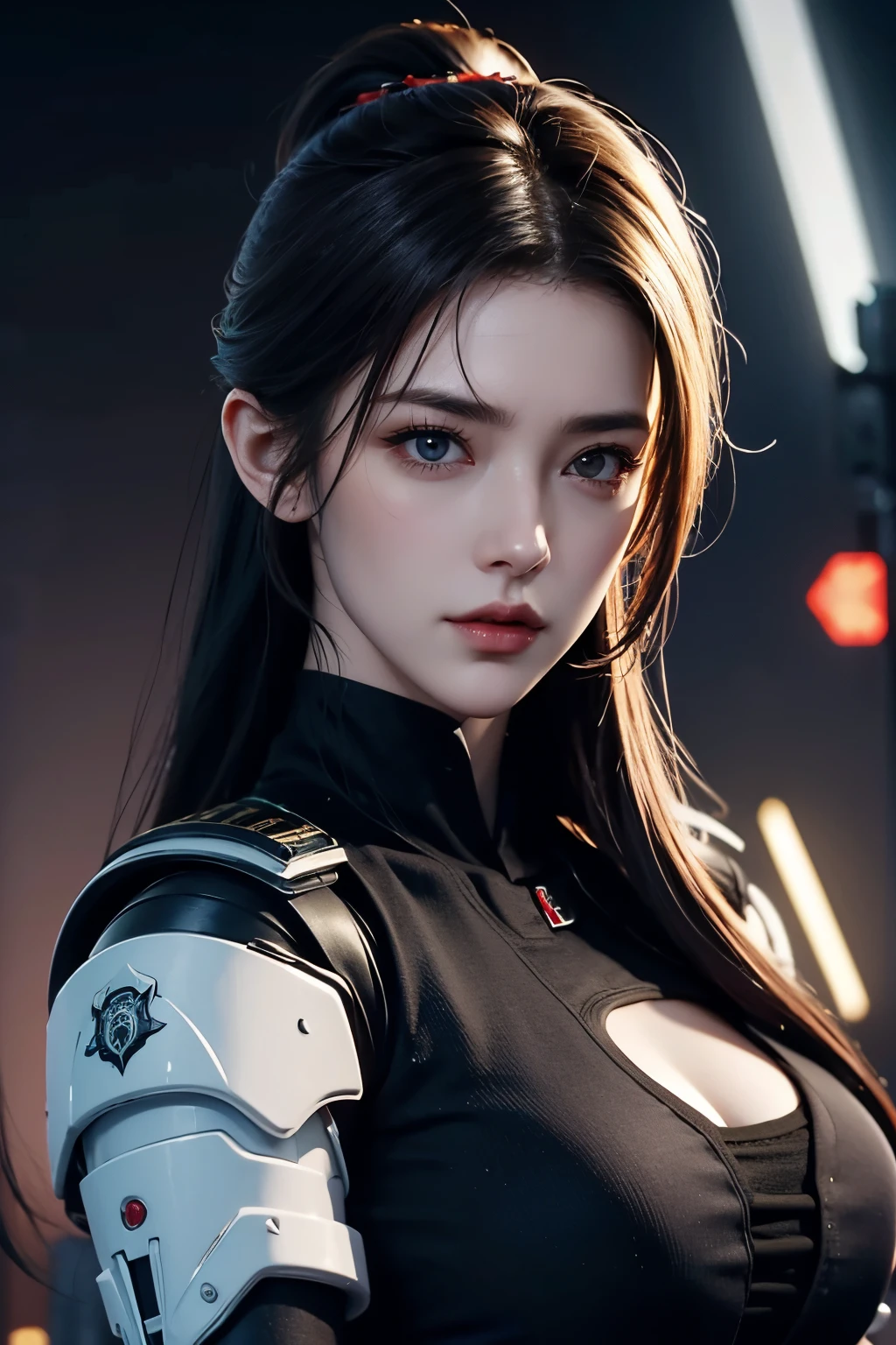 tmasterpiece，Best quality，A high resolution，8K，(sportrait)，((Head close-up))，(Original photo)，real photograph，digital photography，(A female officer who combines modern style with cyberpunk:1.2)，(Female officers)，20岁女孩，Random hairstyles，Red eyes，(White-red gradient hair)，Serious and obsessed，Cleavage， accessories，Redlip，Keep your mouth shut，scowling，elegant and charming，Serious and arrogant，Calm and handsome，(A modern and cyberpunk uniform)，Combat uniformadges，Shoulder armor，exposing your navel，glowing electronic components，red halo，Photo pose，Realisticstyle，Light magic，City background at night，oc render reflection texture