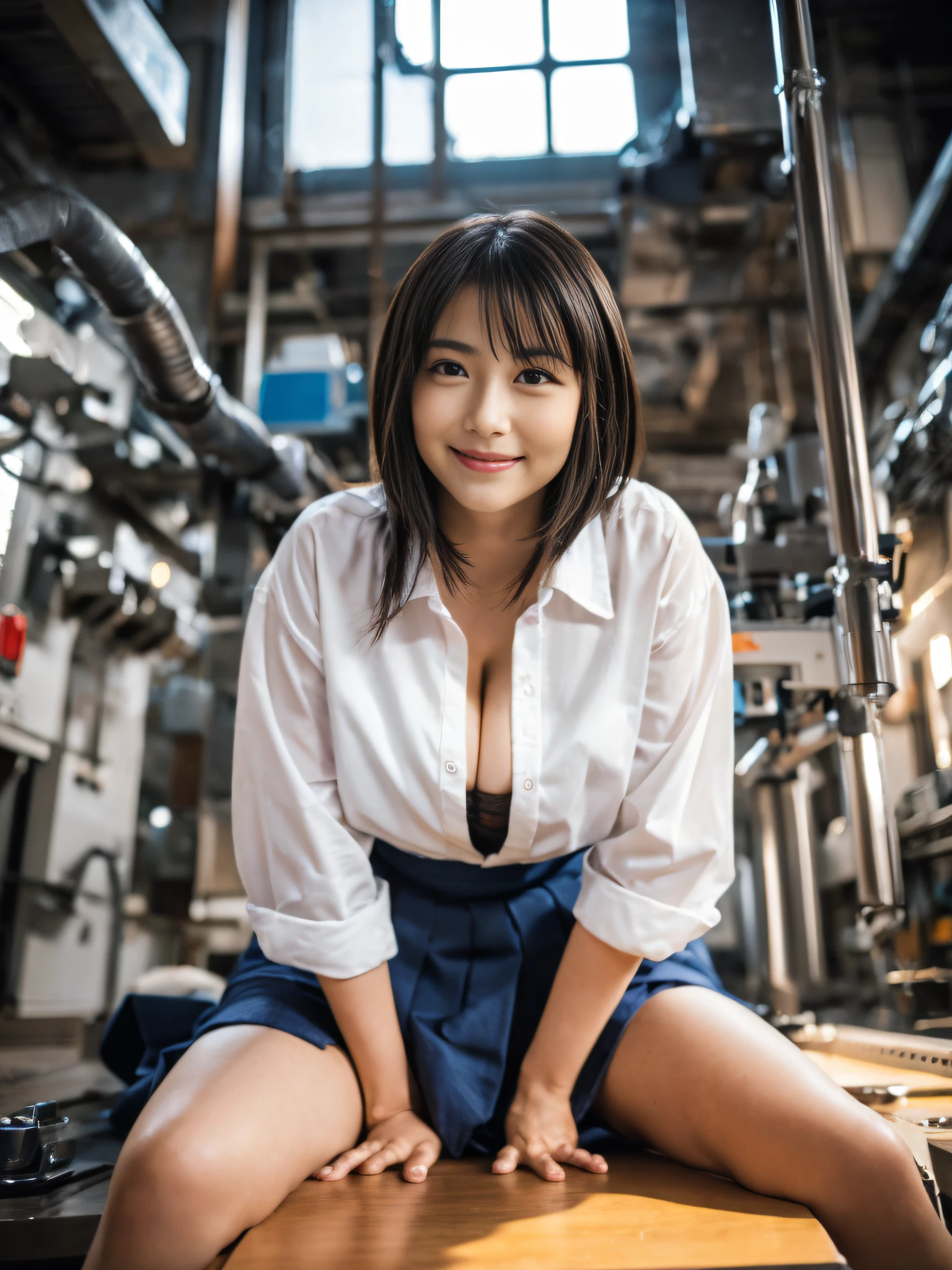 atmospheric perspective, 8k, super detail, accurate, best quality, ((Japanese young actress, round face)), film skin, (correct limbs), a women, blush, the thin shirt is transparent and you can see the bra, (dropping eyes), emphasize the shape of the breasts, (shy smile, let out a sigh, open mouth), ((straddling to hit her panties on the exposed pipe)), (open legs, raise leg), (((masturbation, slut))), narrow factory, many CNC machines, ceiling, long hair up, work clothes, skirt, big window, sunset,