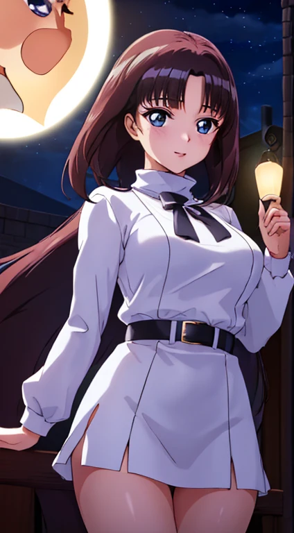 (Night:1.7), Outdoors,Full moon in the sky,dark backgrounds,Starry sky,
standing at attention,
White turtleneck, White shirt,White long skirt,White belt,
floating_hair,
Long hair,Bangs, Black hair, Blunt bangs,Big blue eyes,
1 girl, 18year old,infp young woman,Beautiful Finger,Beautiful long legs,Beautiful body,Beautiful nose,Beautiful character design, Perfect eyes, Perfect face,Expressive eyes,
Looking at Viewer, In the center of the image,(上半身_Body),(Focus on her face), (Innocent_Big_Eyes:1.0),(light_Smile:0.3),
Official art,the Extremely Detailed CG Unity 8K Wallpapers, Perfect Lighting,Colorful, Bright_front_Face_light nastar piece:1.0),(best_quality:1.0), 超A high resolution,4K,Ultra-detailed,
Photography, 8K, nffsw, hight resolution, absurderes:1.2, Kodak Portra 400, Film grain, Blurry background, Bokeh:1.2, Lens Flare, (Vibrant_Color:1.2)
(Beautiful,breasts:1.4), (Beautiful_Face:1.5),(narrow_waist),