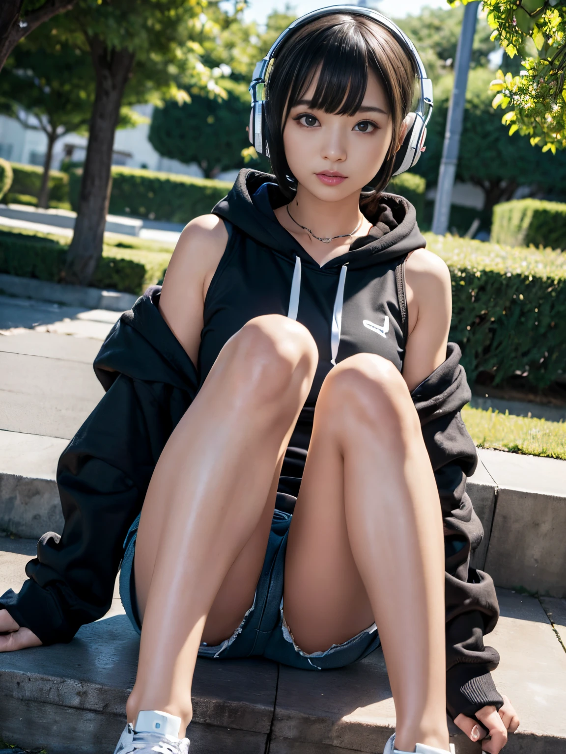(masterpiece、ultra-detailliert、8K、top-quality:1.5)、((Awesome))、Shorthair with bangs、((Wearing a black hoodie、White sleeveless、Blue shorts))、smil、((Wear black headphones around your neck))、sitting on、a park、Put both hands in the pockets of your hoodie