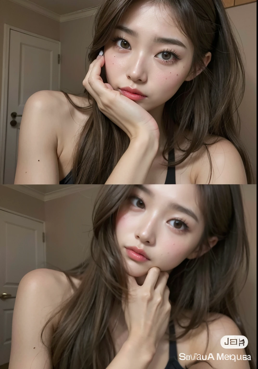 um close up de uma mulher com cabelos longos e um top preto, Ulzzang, maquiagem sul-coreana popular, maquiagem coreana popular, menina coreana, Your skin is light brown, rosto sexy com maquiagem completa, wan adorable korean face, linda mulher coreana jovem, beautiful aesthetic face, Beautiful Asian girl, menina bonito-fino-cara, Mulher sul-coreana bonita