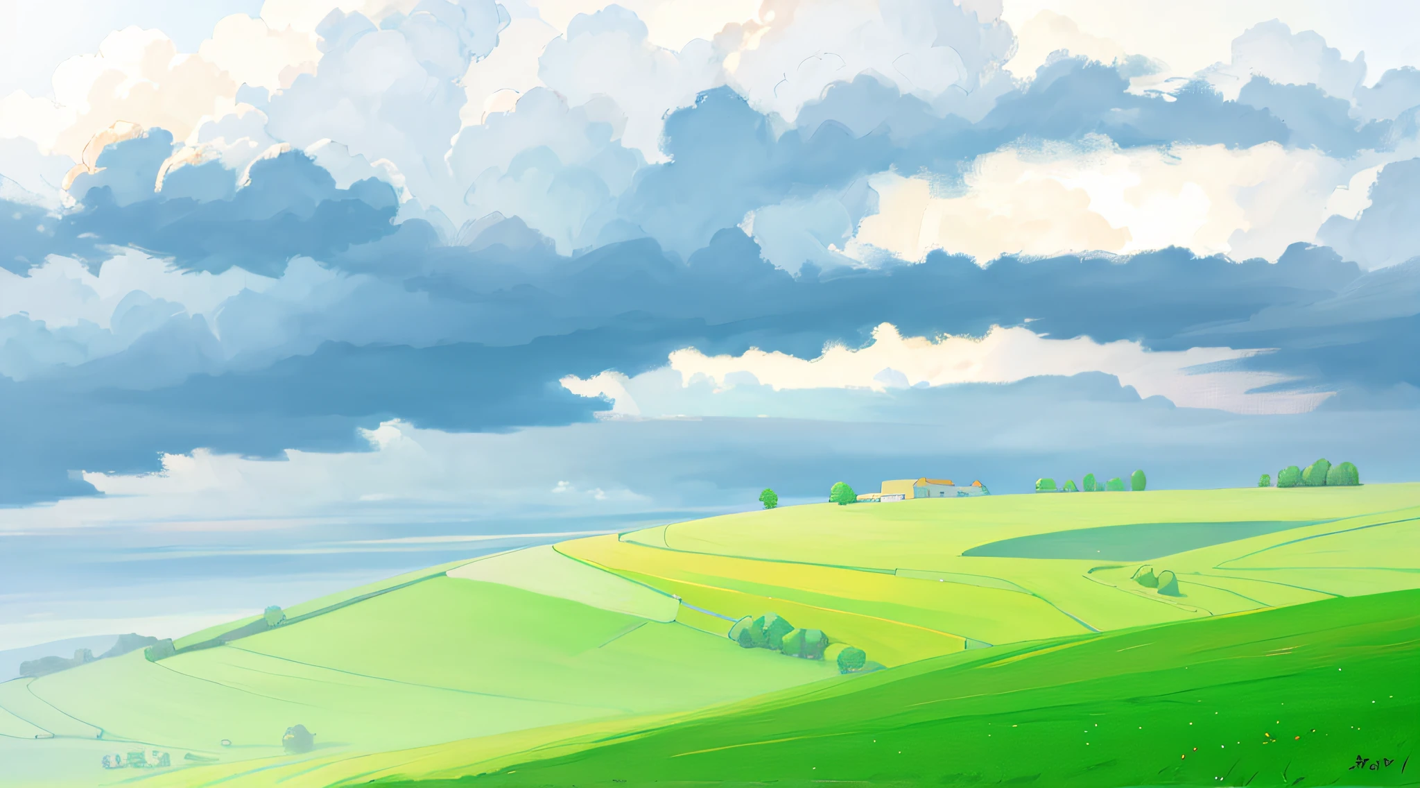 There  a painting of a green field with the sky as the background, sunny landscape, speedpainting, soft digital painting, digitial painting, Anime landscapes, airy landscape, drawn in microsoft paint, Paint landscapes, Bright Landscape, # 1 digital painting ever, #1 digital painting ever, Fantastic landscape, peaceful scenery, sunny environment, digitial painting, scenery background