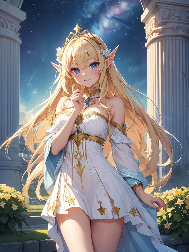 top-quality、Top image quality、​masterpiece、Super beautiful elf girl((24 year old、Best Bust、big bast、Bust 90,Beautiful long blonde hair ironed、A slender、a closeup、Esbian、beautiful tiara、hiquality、Beautiful Art、Background with((starrysky)))masutepiece、visualart、depth of fields、low angle of morning sky、、Elven ears、、light magic、Space Knight、harp melody🎵、Happy smile、Gentle light、、Beautiful legs that are gentle on the skin、、、Number of fingers to achieve precise finger movements、ticker beautiful dress、elegent、Mystical　、copse under the flower garden、Marble pillars、Palace courtyard、Beautiful decoration
