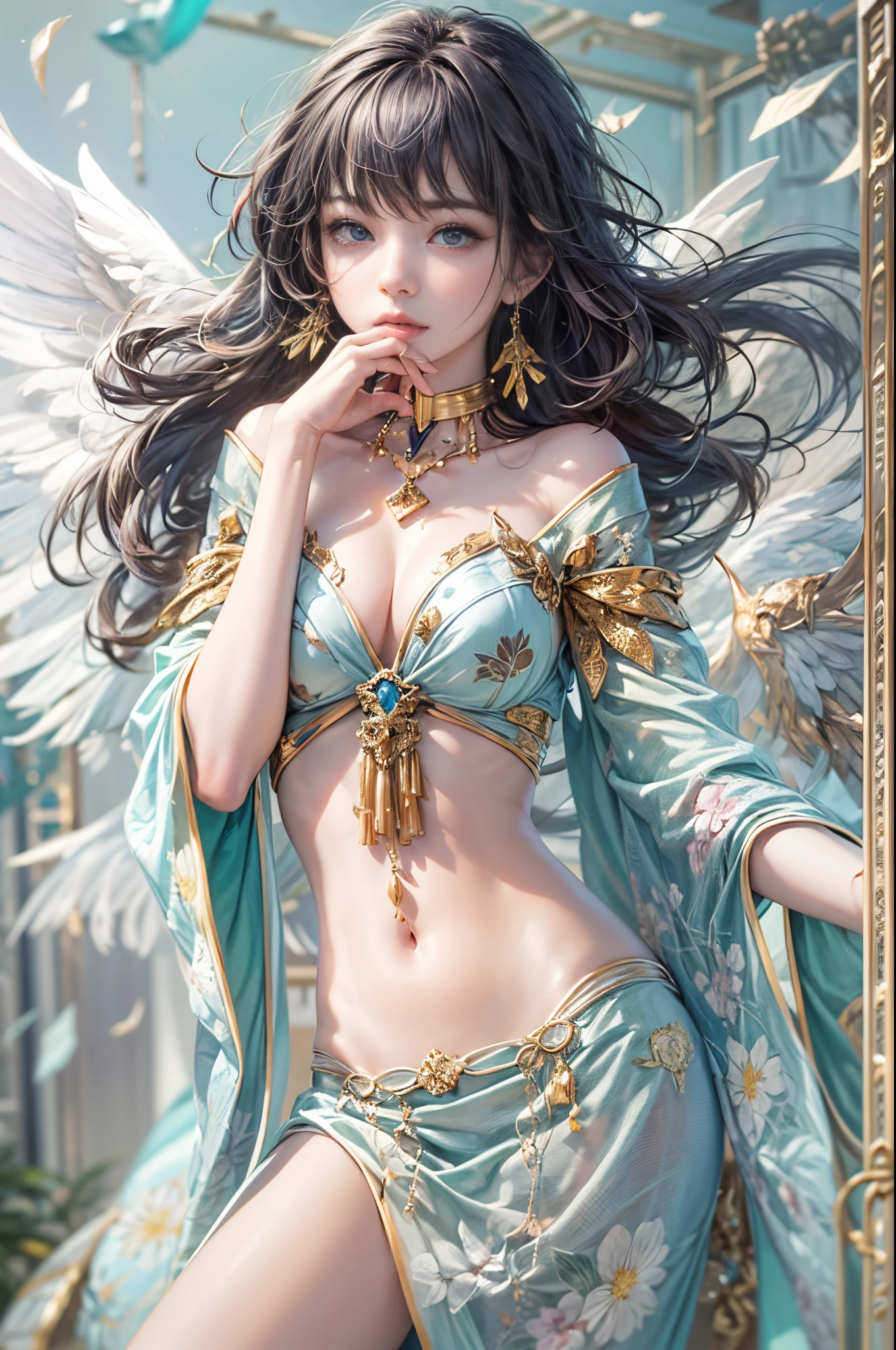 (Photoreal Stick:1.4, masutepiece:1..3, 8K), top-quality, masterpiece, 超A high resolution, Perfect dynamic composition, Professional camera work, Grow Light Effect, Mystical portrait, Cinematic Light, Highly detailed skin and facial texture:1.3, The ultra-detailliert, A detailed eye, (cart, loimu, Eau, the wind, lightning bolt), (myterious:1.3, Fanciful:1.2, tradition:1.2, majestueux:1.2), 1girl in, 25-years old, cute sexy slim female angel, Fair skin, (Enraptured look:0.9, Totally captivates you:1.0), (silver japanese kimono:1.3 off shoulder), (voluptuous breasts:0.9), (Backshots, Calm pose), (Beautiful blue eyes, Eyes that feel beautiful eros:0.85), Sexy face:0.4, (A mouthfeel that feels beautiful eros:0.85), ((Too cute beauty:0.9))
