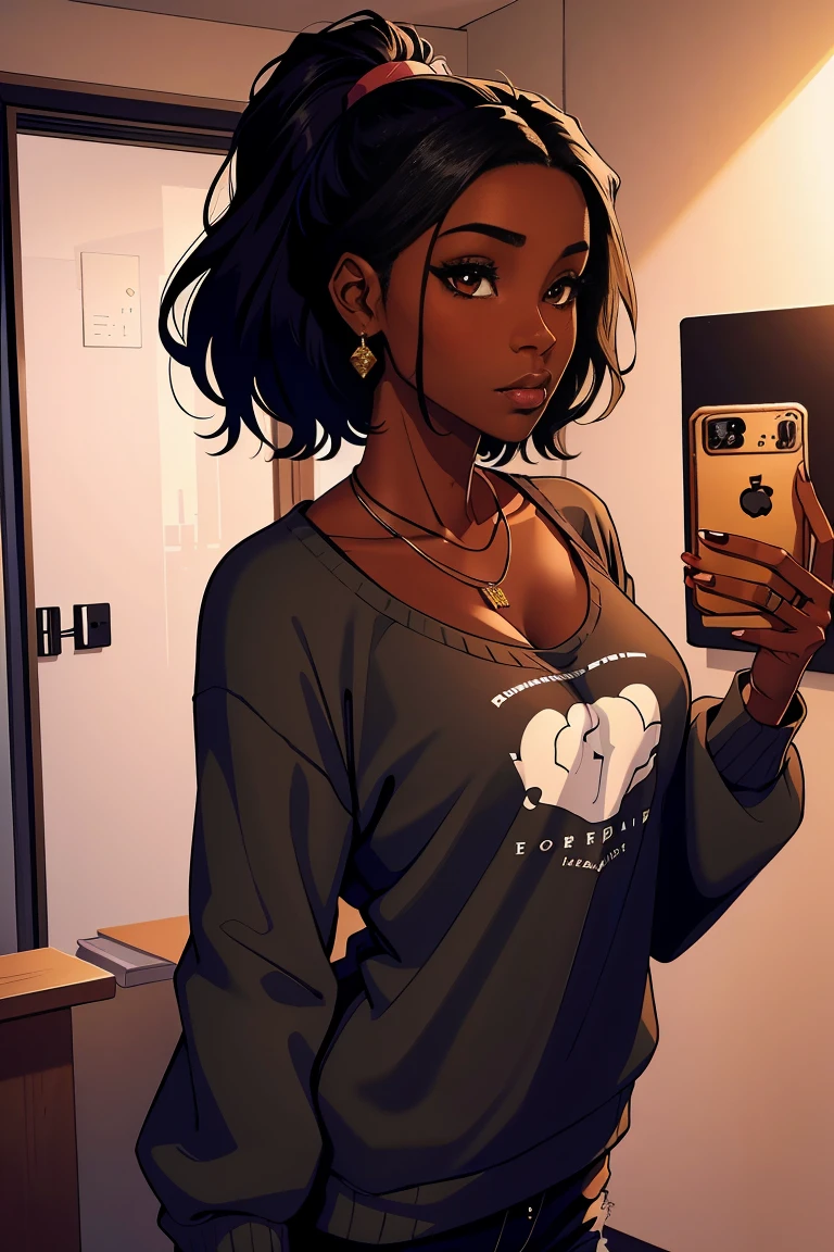 Dark skin ebony young woman in an oversized fuzzy fitted shirt, clearly defined brown eyes, perfect wild cloud of black hair, sweet, deceptively shy