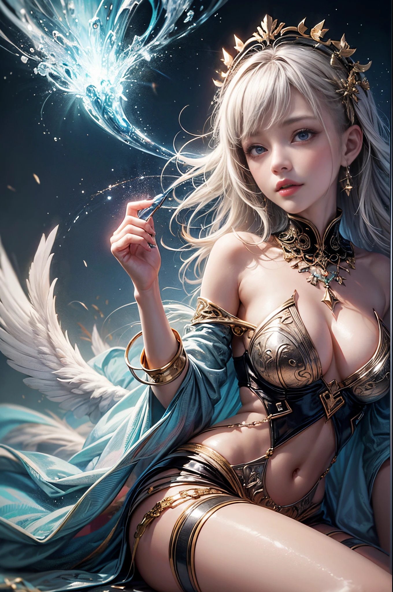 (Photoreal Stick:1.4, masutepiece:1..3, 8K), top-quality, masterpiece, 超A high resolution, Perfect dynamic composition, Professional camera work, Grow Light Effect, Mystical portrait, Cinematic Light, Highly detailed skin and facial texture:1.3, The ultra-detailliert, A detailed eye, (cart, loimu, Eau, the wind, lightning bolt), (myterious:1.3, Fanciful:1.2, tradition:1.2, majestueux:1.2), 1girl in, 25-years old, cute sexy slim female angel, Fair skin, (Enraptured look:0.9, Totally captivates you:1.0), (silver japanese kimono:1.3 off shoulder), (voluptuous breasts:0.9), (Backshots, Calm pose), (Beautiful blue eyes, Eyes that feel beautiful eros:0.85), Sexy face:0.4, (A mouthfeel that feels beautiful eros:0.85), ((Too cute beauty:0.9))