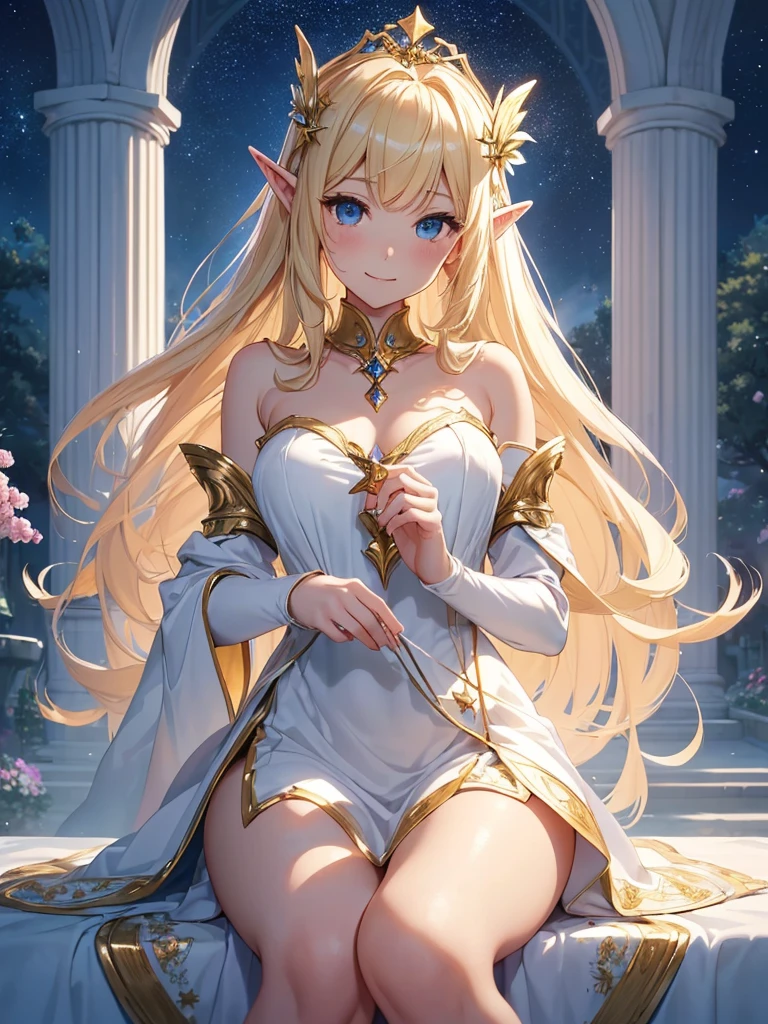 top-quality、Top image quality、masterpiece、Super beautiful elf girl((24 year old、Best Bust、big bast、Bust 90,Beautiful long blonde hair ironed、A slender、a closeup、Esbian、beautiful tiara、hiquality、Beautiful Art、Background with((starrysky)))masutepiece、visualart、depth of fields、low angle of morning sky、、Elven ears、、light magic、Space Knight、harp melody🎵、Happy smile、Gentle light、、Beautiful legs that are gentle on the skin、、、Number of fingers to achieve precise finger movements、ticker beautiful dress、elegent、Mystical 、copse under the flower garden、Marble pillars、Palace courtyard、Beautiful decoration