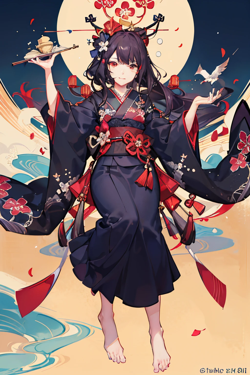 {{{Ukiyo-e_style}}},{{flat_style}},{simple_colors},{{{masterpiece}}},{katsushika_hokusai},long_hair,hair_flower,{{black_hair}},red_eyes,red_sky,{chinoiserie},{{{best_quality}}},kimono,{{ultra-detailed}},{illustration},Maple_leaves_flying,{{1girl}},{{{solo}}},{{an_extremely_delicate_and_beautiful}},blank_stare,close_to_viewer,{breeze},{Flying_splashes},{Flying_petals},wind,{Gorgeous and rich graphics}