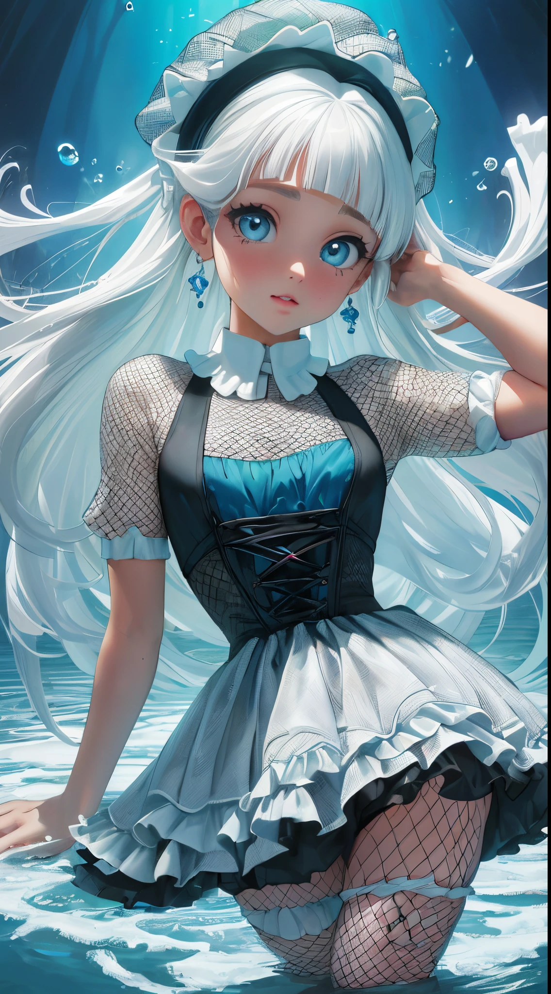 Ariana Grande  hermosos ojos detallados, Pelo largo y blanco, Ojos azul claro, Uniforme escolar, media blanca alta, Piel lustrosa,fondo pantano selva hojas grandes agua, alto contraste, ((Obra maestra, La mejor calidad)), ,More detailed 8K.motor irreal:1.4,UHD,La mejor calidad:1.4, fotorrealista:1.4, textura de la piel:1.4, obra maestra:1.8,obra-prima, mejor calidad,objeto Objeto], (detailed face features:1.3),(Ojos hermosos azules).(reina del pantano tenebroso:1.4) ,(Perfect anatomy),(bosque pantano tenebroso:1.4),(vestido corto ta transparente plastic:1.4),(hermosos dedos detalladoostrando panties White:1.4 ),(panties White),( fondo agua realistic cristalina),(cabello largo blanco canoso:1.4),(Medias hasta los muslos white ),(fishnet:1.4),(no mutaciones anatomy)