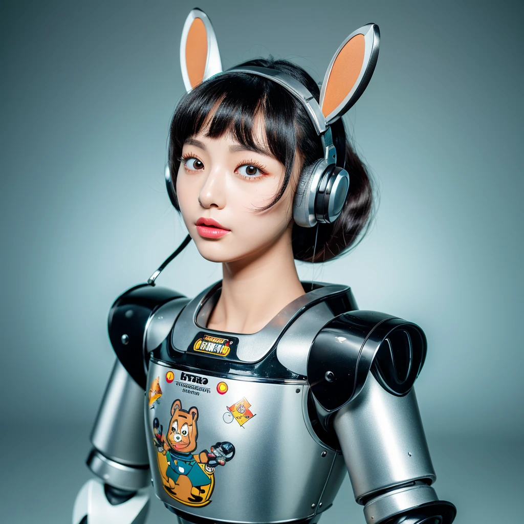 ((masterpiece)), ((best quality)), (ultra-detailed),A female robot with a retro design that looks like a tin toy.、The model is a Japanese woman、Black Hair Wavy Hair、robot ears with antennas、Glowing white eyes、deadpan、The background is an exposition