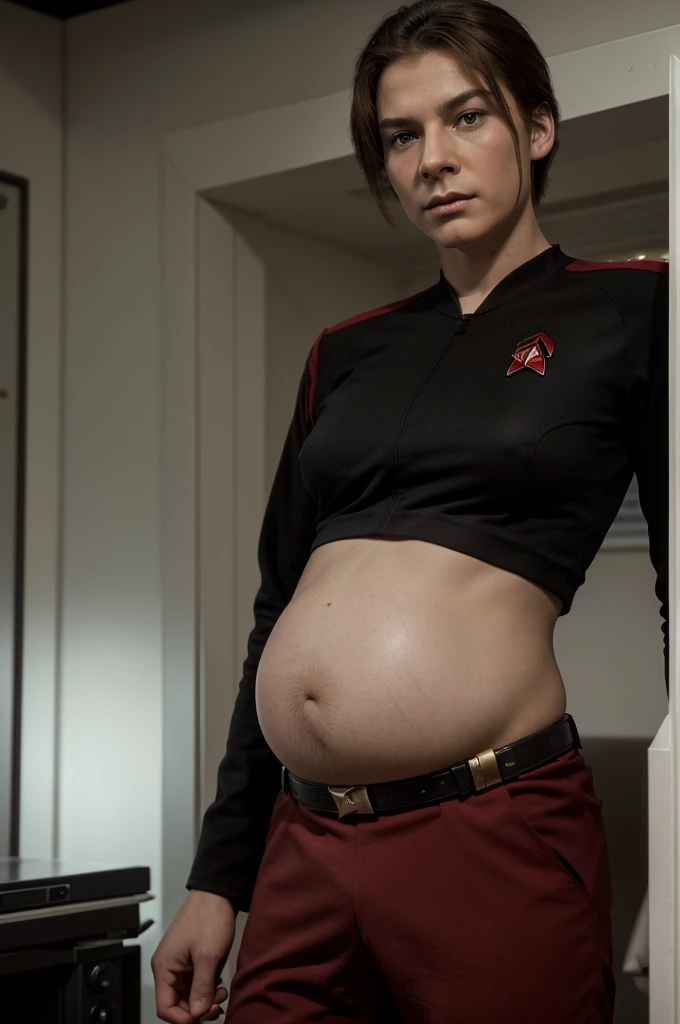 ((masterpiece)), ((best quality)), ((18 year old 1.4)) ((jean-luc picard age 18 years old 1.4)), ((Patrick stewart deaged to age 18 1.4)) ((age 18 still a boy 1.4)) , eyes brown, ((hair light brown)), fit build, ((uniform colors are red and black only 1.4)), ((wearing a closed red military style starfleet jacket 1.4)), (wearing form fitting flat front black uniform pants 1.4)), ((wearing a black leather belt with gold starfleet buckle 1.4)), ((Rank Ensign)), ((star trek 24th century starfleet)), mpreg, teene pregnancy, ((3 months pregnant 1.4)), Learning about his pregnancy from the doctor, location sickbay, facial expression of worry, starship uss reliant ncc 1864-a