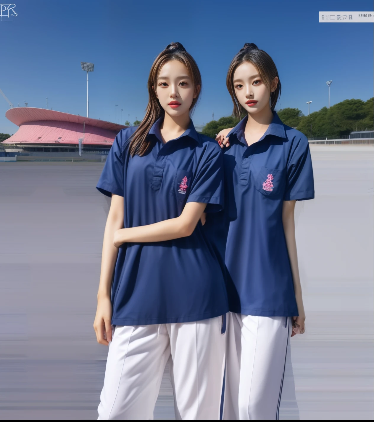 (bestquality,10,10,highres,masterpiece:1.2),ultra-detail,(Realistic,photorealistic portrait,photo-realistic:1.37),1 Cute girl in the football field,oily shiny skin,bara,light smile,BDclothelue shirt:1.3)),short sleeves,shirt, trousers.,(navy_long_Pants Track:1.1), ((Stadium Background:1.3)),dynamic angle,excited,face focus,Dynamic Poses,from behide,Ass Focus,masterpiece, bestquality, ultra realistic, hyper-detail, 8k resolution, RAW photo, crisp focus, ((Navy blue shirt:1.1)), short sleeves, Long Path, Perfect body, 2 mature women, 18yo, cinematic light,Blue sweatpants,Gymware,Correct anatomy,Complete body, Correct body, sharp face, Anatomically correct body, full entire body, Realistic gestures, long-haired, Realistic poses,Wear long shorts....................................,Long leg span,Shapely,Sculpting Girl, Slender Figure, mannequin mannequins, Shapely, Beautiful body,Blue sweatpants, Two girls kissing