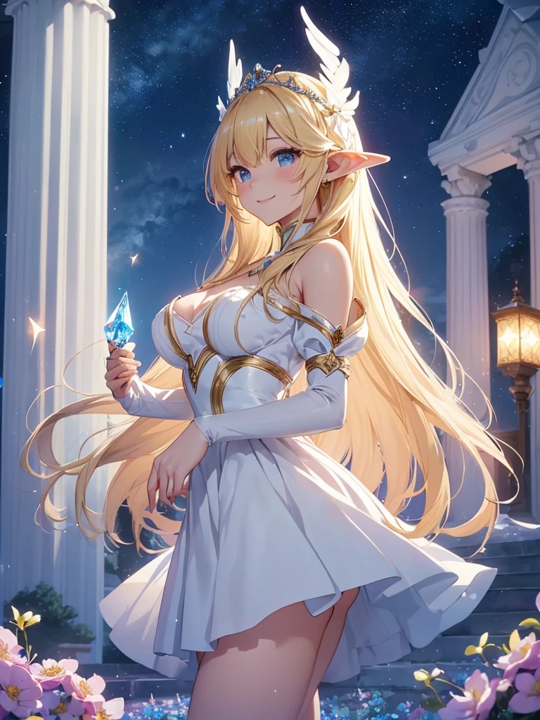top-quality、Top image quality、masterpiece、Super beautiful elf girl((24 year old、Best Bust、big bast、Bust 90,Beautiful long blonde hair ironed、A slender、ice skating、Esbian、beautiful tiara、hiquality、Beautiful Art、Background with((starrysky)))masutepiece、visualart、depth of fields、low angle of morning sky、yuki、Elven ears、、light magic、kosmos、harp melody🎵、Happy smile、Gentle light、、Beautiful legs that are gentle on the skin、、、Number of fingers to achieve precise finger movements、ticker beautiful dress、elegent、Mystical 、flower field、Marble pillars、Palace courtyard、Beautiful decoration