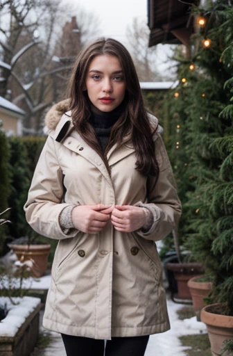 full body photo of beautiful 18 y.o Polish Instagram model wearing  winter coat, brunette hair, hazel eyes, detailed eyes, pale skin, looking happy, with an air of superiority, winter gloves, snow outside in garden