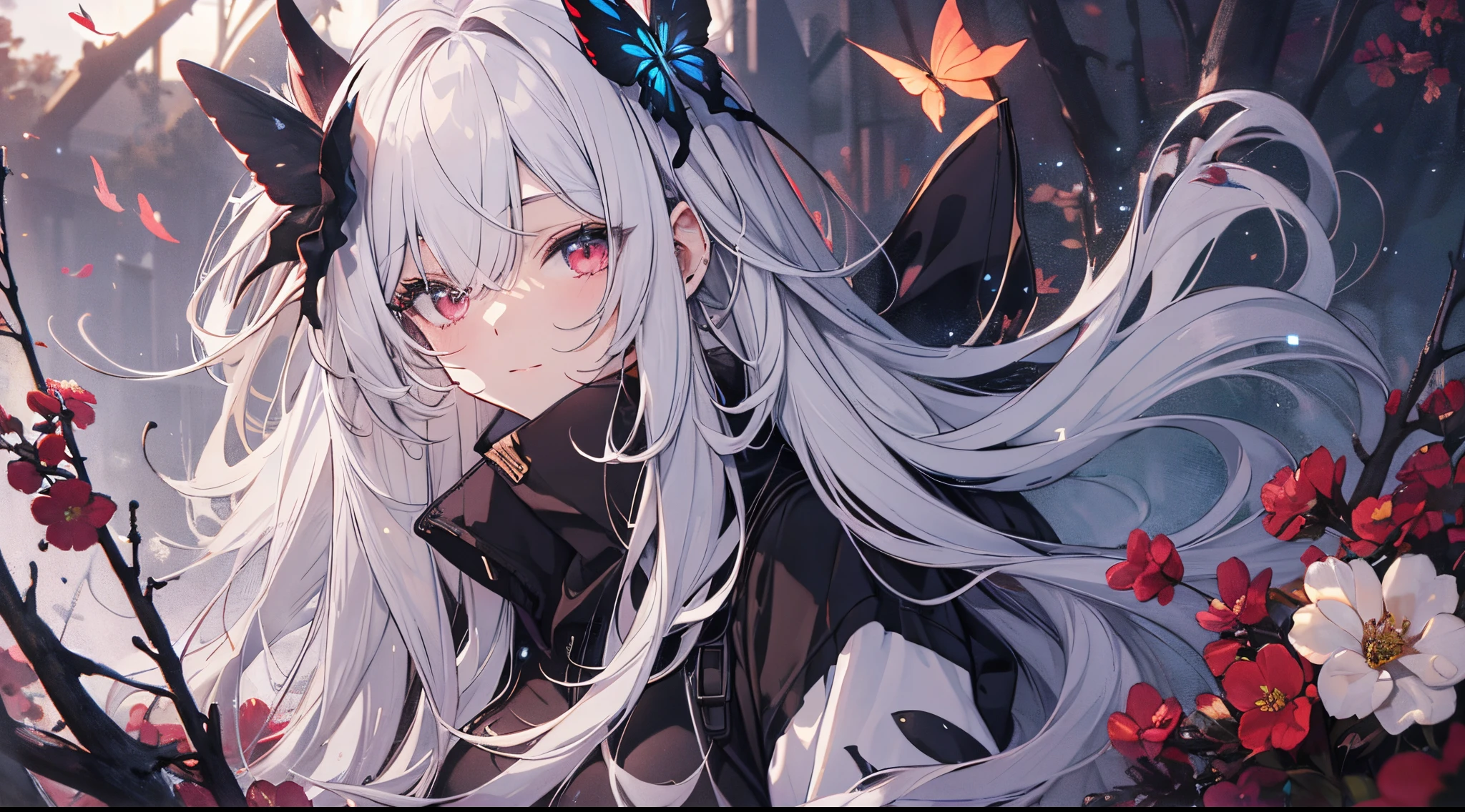 ((tmasterpiece:1.4, Best quality at best))+, (hyper-detailing)+, (exquisite red eye:1.5)+, (Detailed ears:1.5), (cute girls), (White undershirt,black long pants:1.5), Tight black silk, Very long hair, (Blue flowers:1.2), pale-skinned, (black cloth:1.5), (Black Martin boots:1.4), City in the Sky,Black dead trees around, The halo, Thick fog pervades,Mechanicalweapon, delicate legs, Red butterfly,Huge celestial bodies,(A natural warrior:1.1), (dawn light:1.2), ), (closeup cleavage:1.1), the only person, bell, Dark gray hair, hair covering one eye, V-shaped eyebrows, Gloom (have expressed), from back, from the above, Best quality at best, A high resolution, high detal, high high quality, 16k