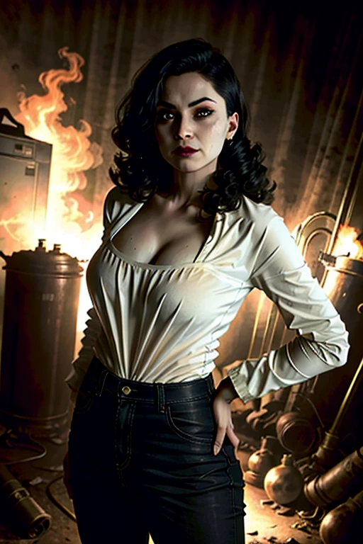 girl, femme fatale, blood-stained t-shirt, black trousers, black hair, sadistic look. standing in the basement next to an incinerator, noir scene