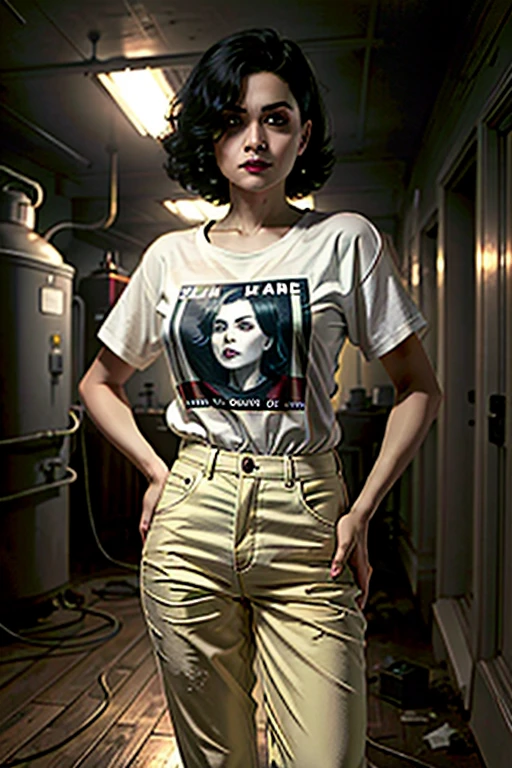 girl, femme fatale, blood-stained t-shirt, black trousers, black hair, sadistic look. standing in the basement next to an incinerator, noir scene