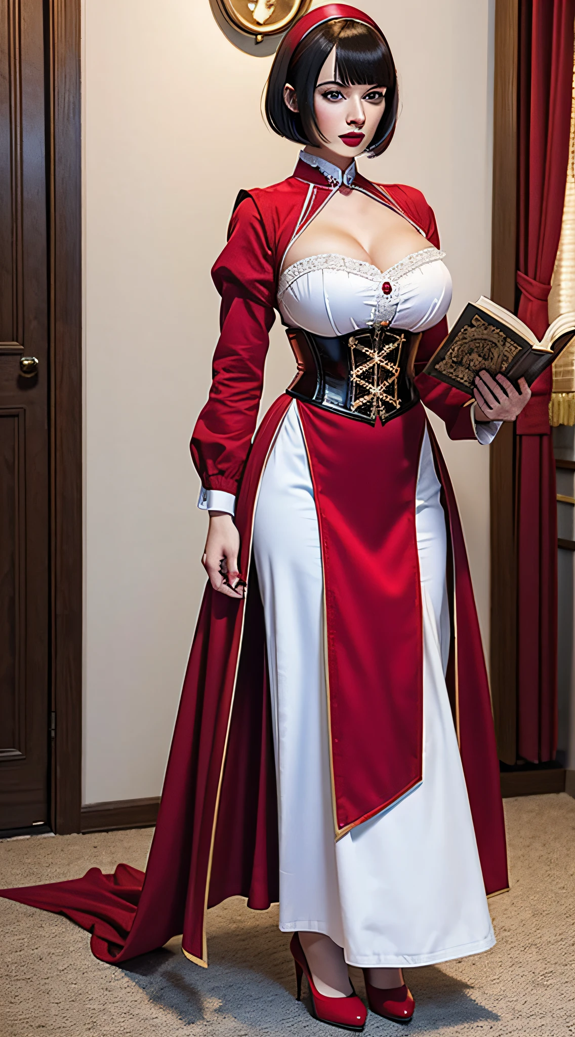 marterwork, detailled image, (medieval fantasy), full body shot, (submissive:1), noble maid, (thin waist:1), white and red clothes, red and gold hairband, short black hairs, messy bob cut, detailled expressive large blue eyes, red lipstick, (huge breasts:0.8), cleavage, red corset, (long white skirt:1), long white sleeves, red block heels, long red vest, reading a book