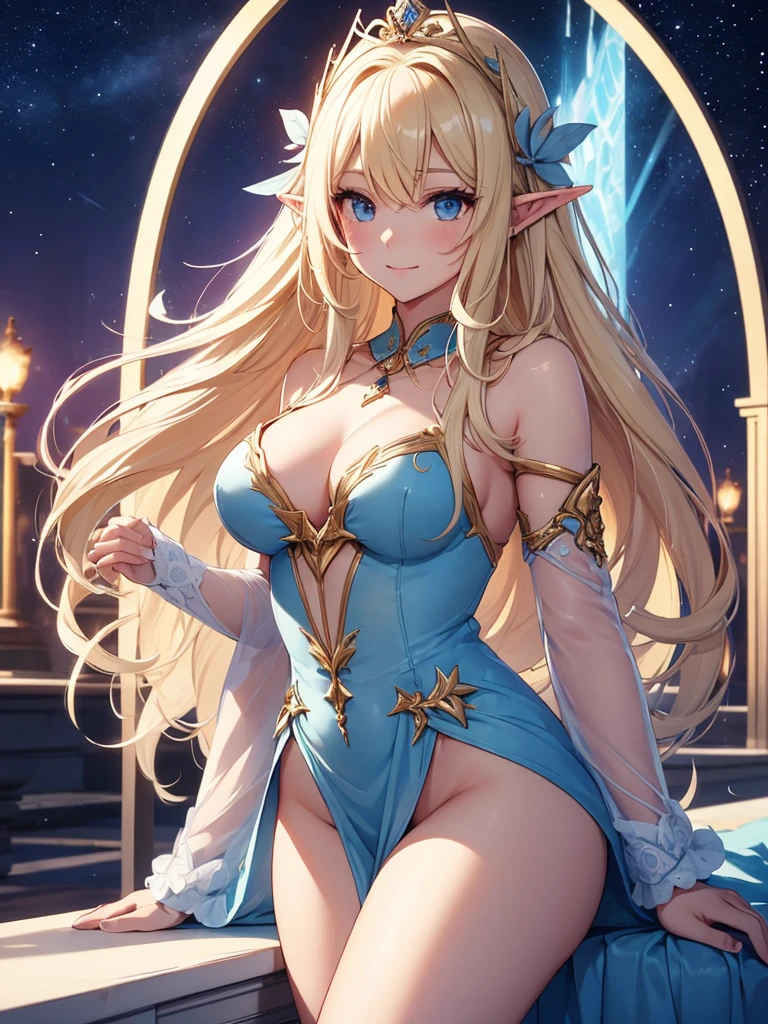 top-quality、Top image quality、​masterpiece、Super beautiful elf girl((24 year old、Best Bust、big bast、Bust 90,Beautiful long blonde hair ironed、A slender、 skating、Esbian、beautiful tiara、hiquality、Beautiful Art、Background with((starrysky)))masutepiece、visualart、depth of fields、low angle of morning sky、Yuki、Elven ears、、light magic、kosmos、harp melody🎵、Happy smile、Gentle light、、Beautiful legs that are gentle on the skin、、、Number of fingers to achieve precise finger movements、ticker beautiful dress、elegent、Mystical　、Marble pillars、Beautiful decoration、Winters、yuki、ice skating