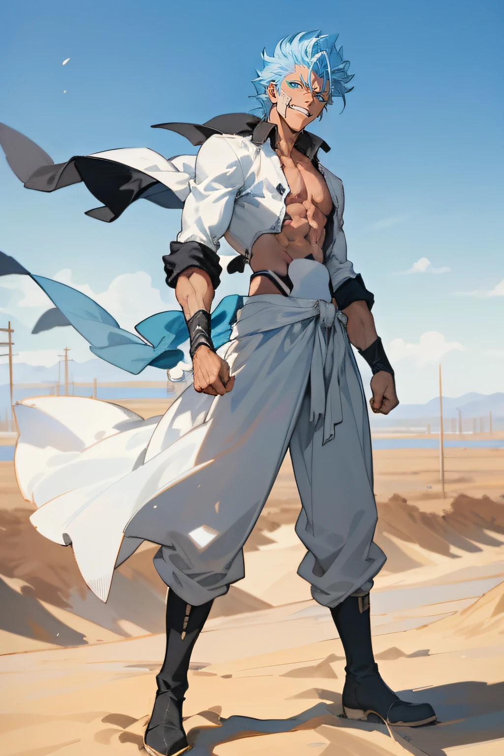 masterpiece, best quality, 1boy, grimmjow jaegerjaquez, day, medium closeup, black boots, natural light, desert, blue sky, white buildings,  angry eyes, smiling, looking at viewer, full body, male focus, strong muscles, movie composition, deth of field, bokeh