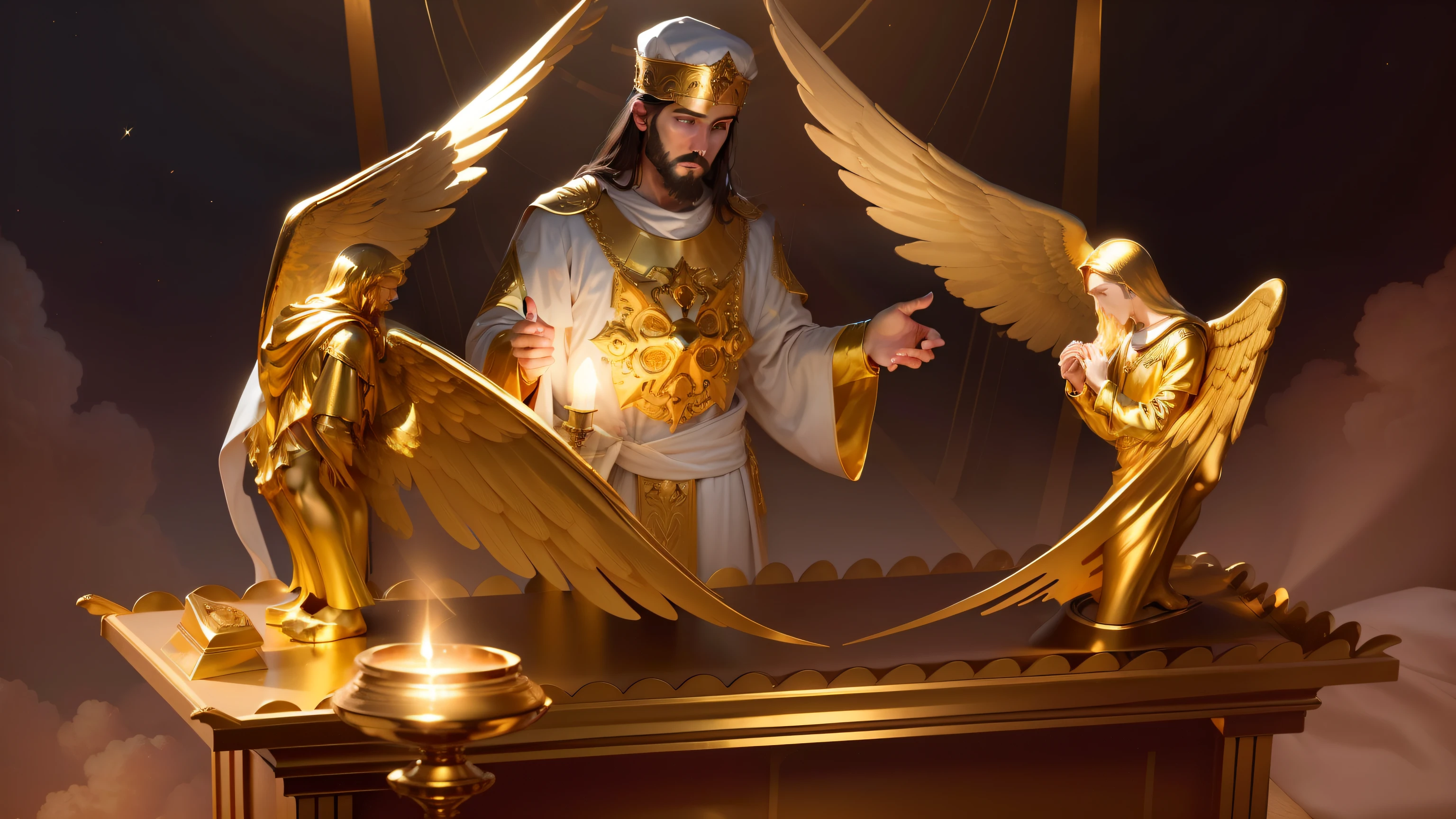 Jesus Cristo com aspecto resplandecente com roupas de sacerdote, Before the Ark of the Covenant with Golden Male Cherubim of Pure Gold. imagem celestial, Image with very high lighting quality, Very high resolution image, image with very high coloration, imagem hiperdetalhada, imagem hiper realista