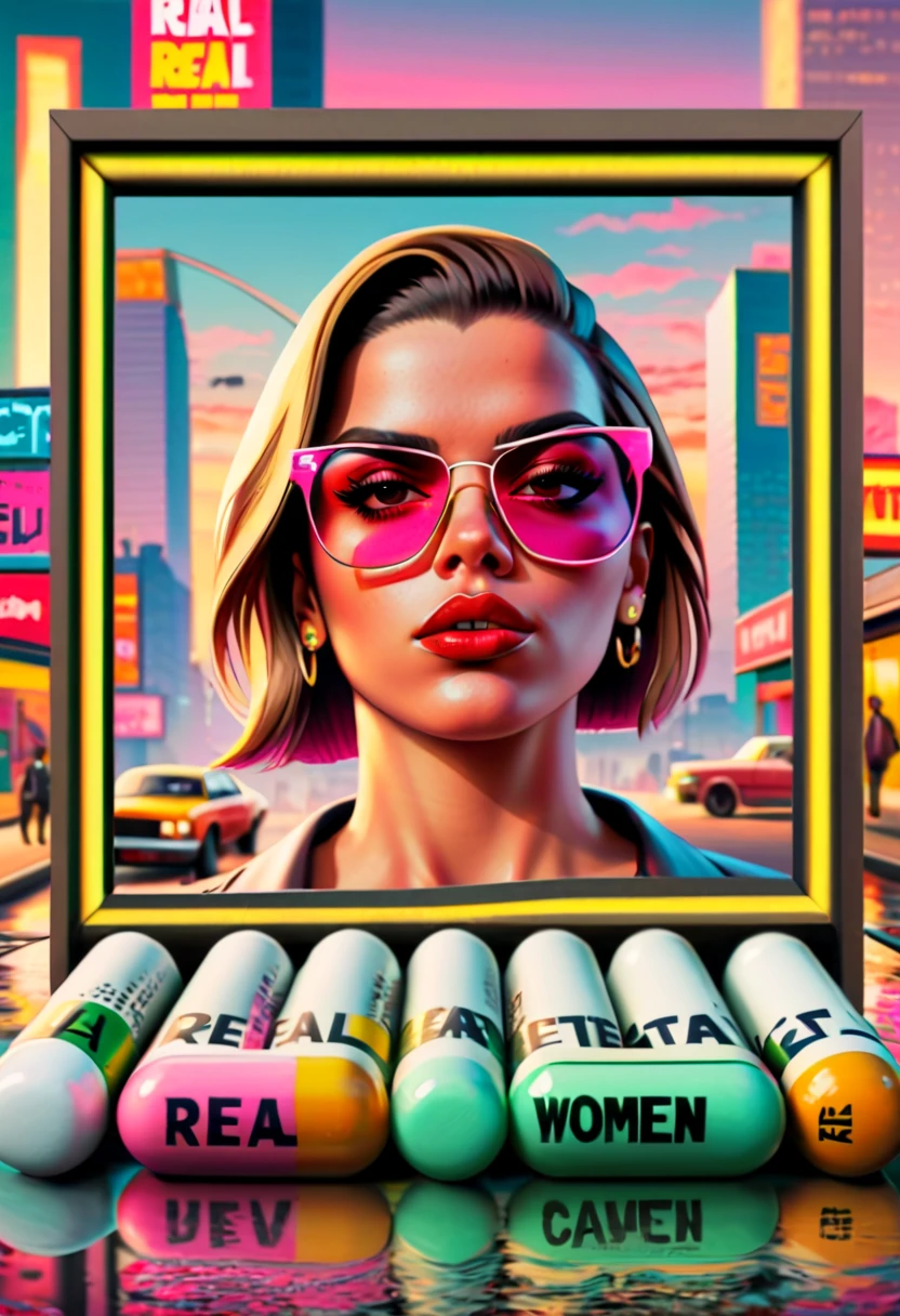 GTA faces inside a framed capsuled pills. Capsuled, pills, GTA style txt that says, " real women exist ", GTA faces inside a framed capsuled pills, framed, " real women exist " ..(best quality,4k,8k,highres,masterpiece:1.2),ultra-detailed,(realistic,photorealistic,photo-realistic:1.37),illustration,detailed GTA faces inside a framed capsuled pills, cityscape, GTA faces inside a framed capsuled pills, framed, vibrant colors,natural lighting,gritty textures,lively atmosphere,portraits,,late afternoon,contrast,highly detailed sign,street art, GTA faces inside a framed capsuled pills, empowering,confident,dynamic pose,red lipstick,cool sunglasses,street fashion,tattoos,graffiti wall,multiple layers of buildings,crowded streets,neon lights,GTA-inspired architecture,fast cars,racing,action-packed,adventurous,high-rise buildings,towering skyscrapers,bustling city life,traffic jam,reflection on wet pavement,nighttime ambiance. GTA style txt that says, " real women exist ",