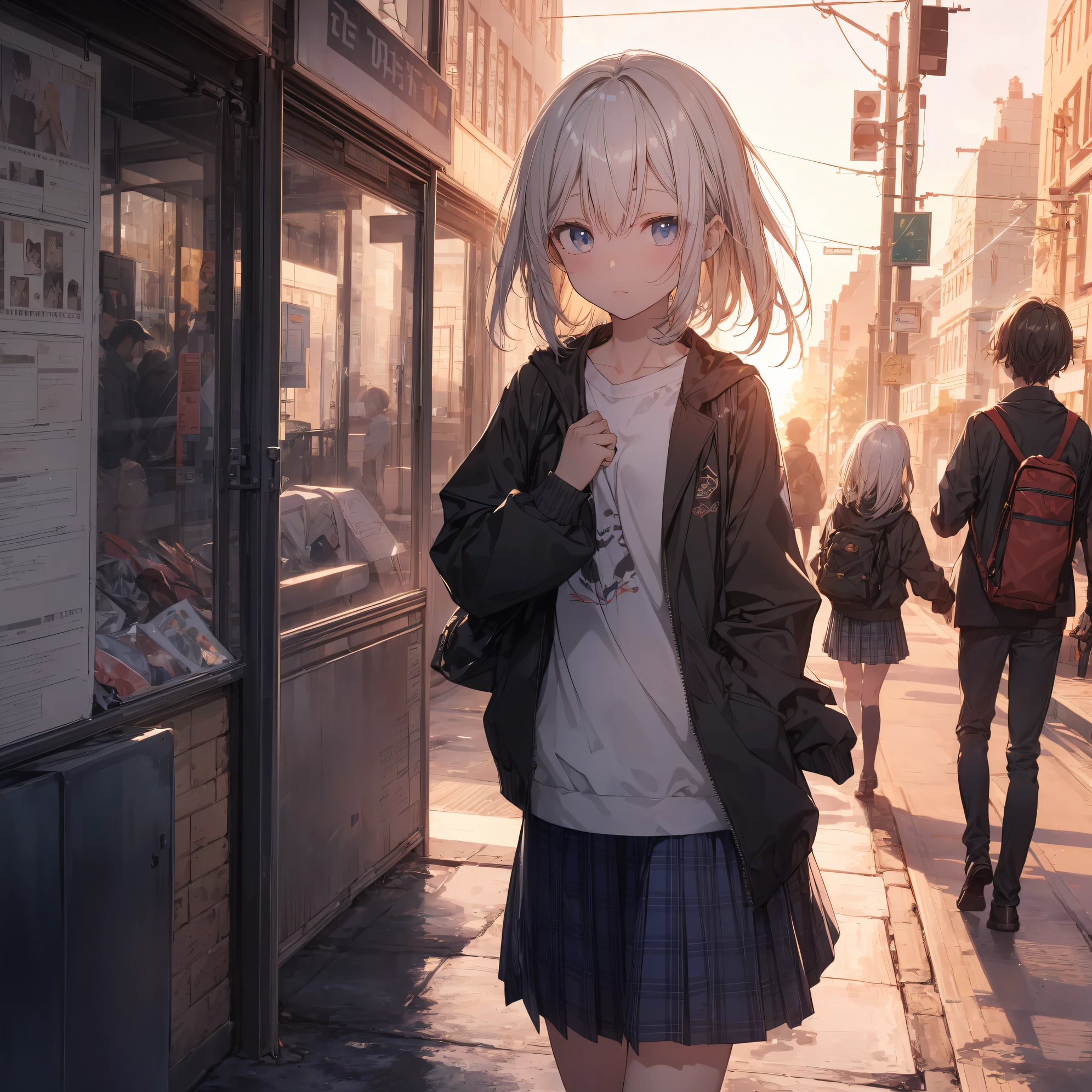 best god quality, Ultra-detailed, anime moe art style,Best Anime 8K Konachan Wallpapers,Pixiv Contest Winner,Perfect Anatomy, (Draw a girl sleepily walking to school. ),BREAK, 1girl is a cool beautiful girl, (Solo,Lori,child,13years:1.3),a junior high school student, Androgynous attraction, (Very short hair), hair messy,Forehead, Full limbs, complete fingers,flat chest, Small butt, groin, Small eyes,Beautiful detailed black eyes,Well-proportioned iris and pupils,disgusted eye, School uniform, Skirt,On the way to school. BREAK,High resolution,super detailed skin, Best lighting by professional AI, 8K Illustration,