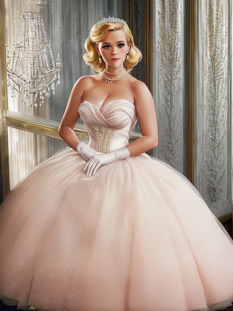1950s style, Stunningly beautiful young blonde Reese Witherspoon wearing a debutante ballgown, long white gloves, and pearls