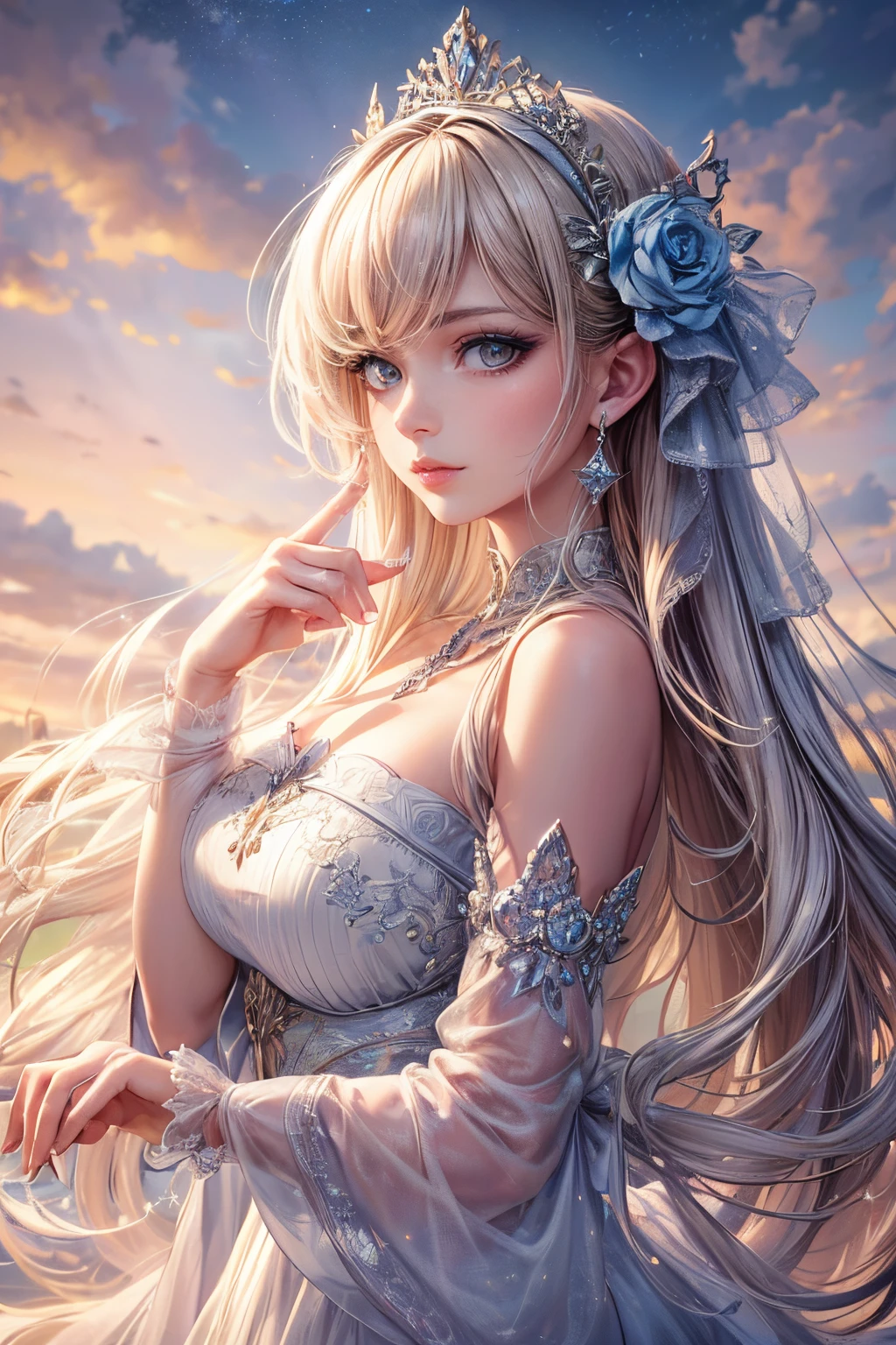 (best quality,1.2),(masterpiece:1.2),(high resolution),(8K),(CG),(exquisite),(upper body),(loneliness),(girl with thumbs up),(background of Duchess de la Sorresette Princess),(detailed facial features with long hair),(almond-shaped eyes),(elaborate eye makeup),(long fluttering eyelashes, sparkling starry eyes),(detailed lip features),(soft and harmonious style)