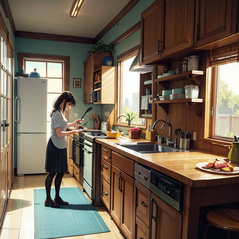Hergé painted vast landscapes, full body shots, pen and ink. A lonely woman washes dishes in the kitchen of a small and cluttered apartment. sadness, stunning color scheme, masterpiece