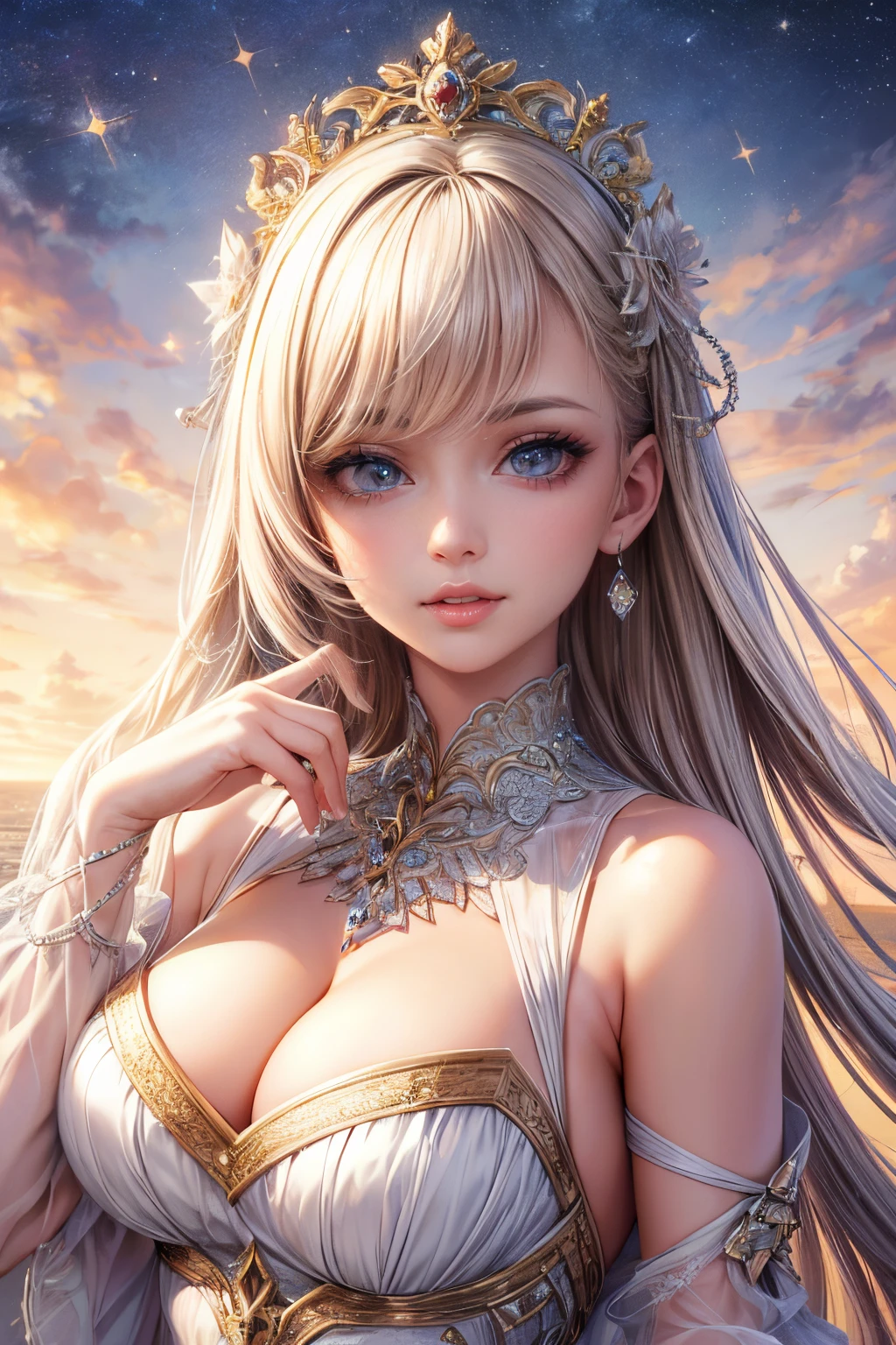(best quality,1.2),(masterpiece:1.2),(high resolution),(8K),(CG),(exquisite),(upper body),(loneliness),(girl with thumbs up),(background of Duchess de la Sorresette Princess),(detailed facial features with long hair),(almond-shaped eyes),(elaborate eye makeup),(long fluttering eyelashes, sparkling starry eyes),(detailed lip features),(soft and harmonious style)