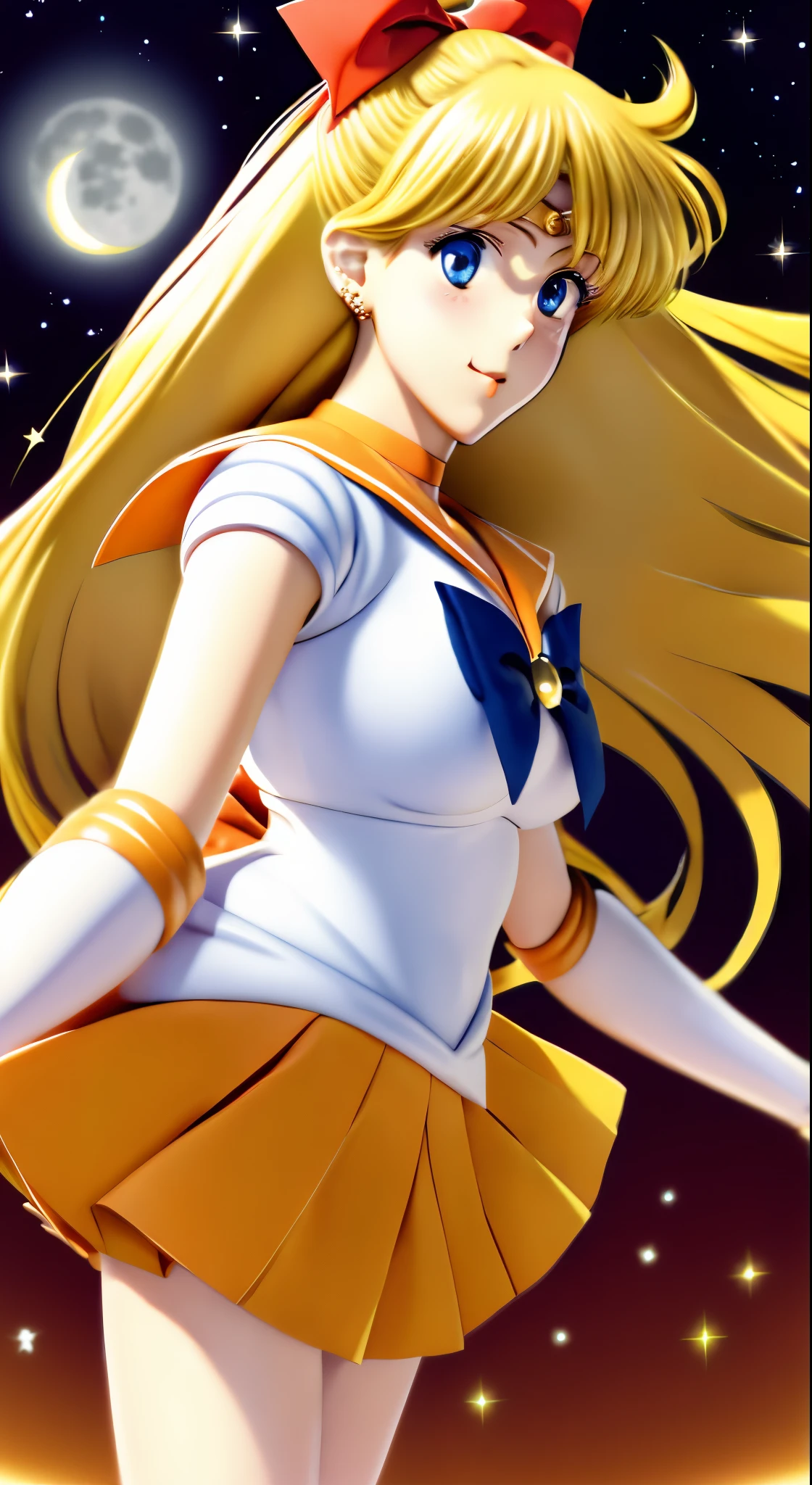 masutepiece, Best Quality, hight resolution, SV1, Sailor Senshi Uniform, Orange skirt, elbow groves, tiarra, Pleated skirt, Miniskirt, Red bow, orangechoker, White Gloves, Jewelry, Starry sky, badass pose, slight smile, Portrait, floating, Moon, Upper body
