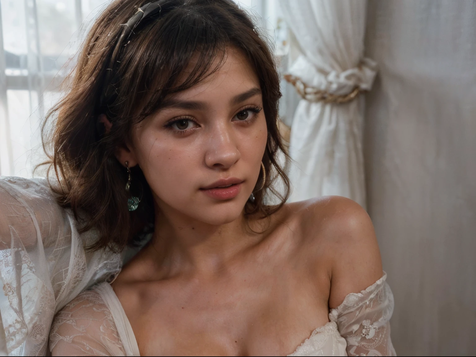 a woman with short bob hair, flawless olive skin, (she's extremely surprised, most beautiful woman on earth, carefully lifts corner of blanket, long hair bangs, (joyful surprise expression), a stunning female , Her skin smooth and radiant, (she's curious to see under sheets),white sheer fabric drapery background, (highest quality fabric texture), lush drapery with accent highlights, film quality, sun-kissed blushing skinned woman, blushing, (ultra-realistic , she's in deep darkness ,soft accent window light, gorgeous Rembrandt style lighting, (Rembrandt patch), (highest quality fabric texture), matte gray fabric, Her luscious, hair, framing her face, ultra-realistic, adorned with long, fluttering lashes, the color of sunset, a world of seduction and passion. Finely detailed,(Fine-grained), (highest detail skin texture peach-fuzz earlobe realistic) ○○ res – ultra high high resolution , very high texture res(light resolution), Realistic – Realistic Photorealistic hands and fingers – (photorealistic beautiful 4k) , 8K,extreme detail, close and intimate, captivating, teasing, Her perfectly sculpted lips, lifelike, highly real lipgloss,painted a bold shade of crimson. she Ingres, Vermeer, a work of art, curvaceous and enticing. indulge in the exploration of desire.solo woman, (highest quality fabric texture), every detail,Fine facial features, Masterpiece – Masterpiece ○○ quality – ○○ quality best quality(Highest Quality) ,Leica film, best, solo female, High quality (hiquality) etc ○○ detailed – ○○ details ultra detailed(Ultra-fine ), Photorealistic, Extremely detailed(Extremely detailed) , Finely detailed(Fine-grained), (highest detail skin texture peachfuzz earlobe realisttc ○○ res – ○○ resolution ultra high res(A high resolution) , very high texture