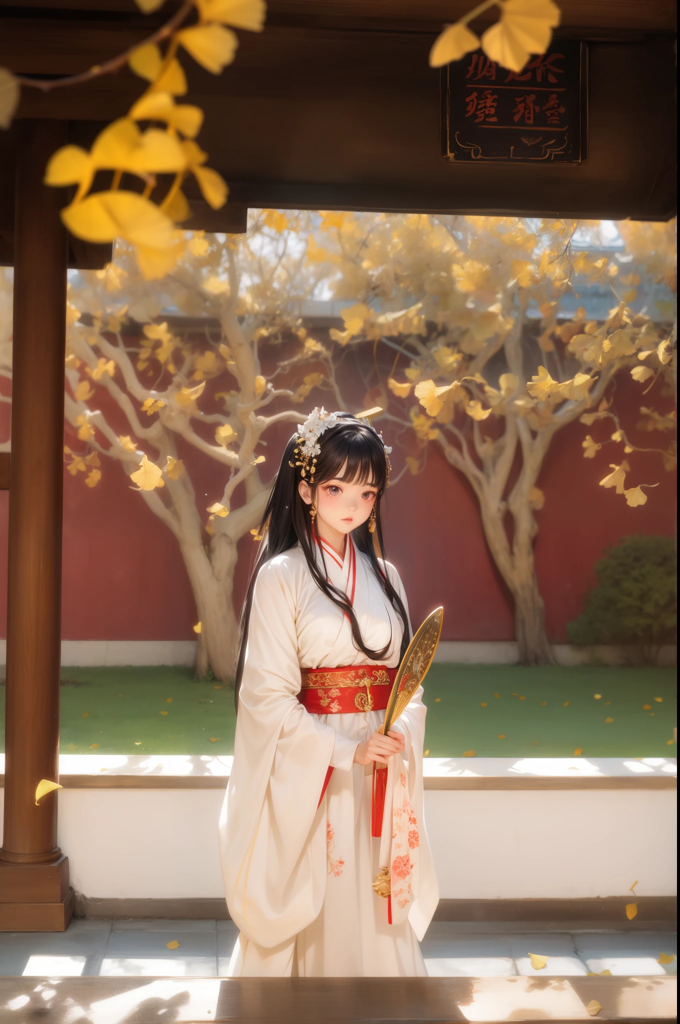 Classical beauty wearing white Hanfu,Attention to facial details,Clear and beautiful facial features,In the classic corridor,The background of the picture a high red wall,There are out-of-focus ginkgo leaves on the screen,Girl wearing gold hairpin jewelry on her head,Half a body,Two strands of long hair,The belt and cuffs are red,Holding a knife-shaped fan in his hand,high-definition picture quality