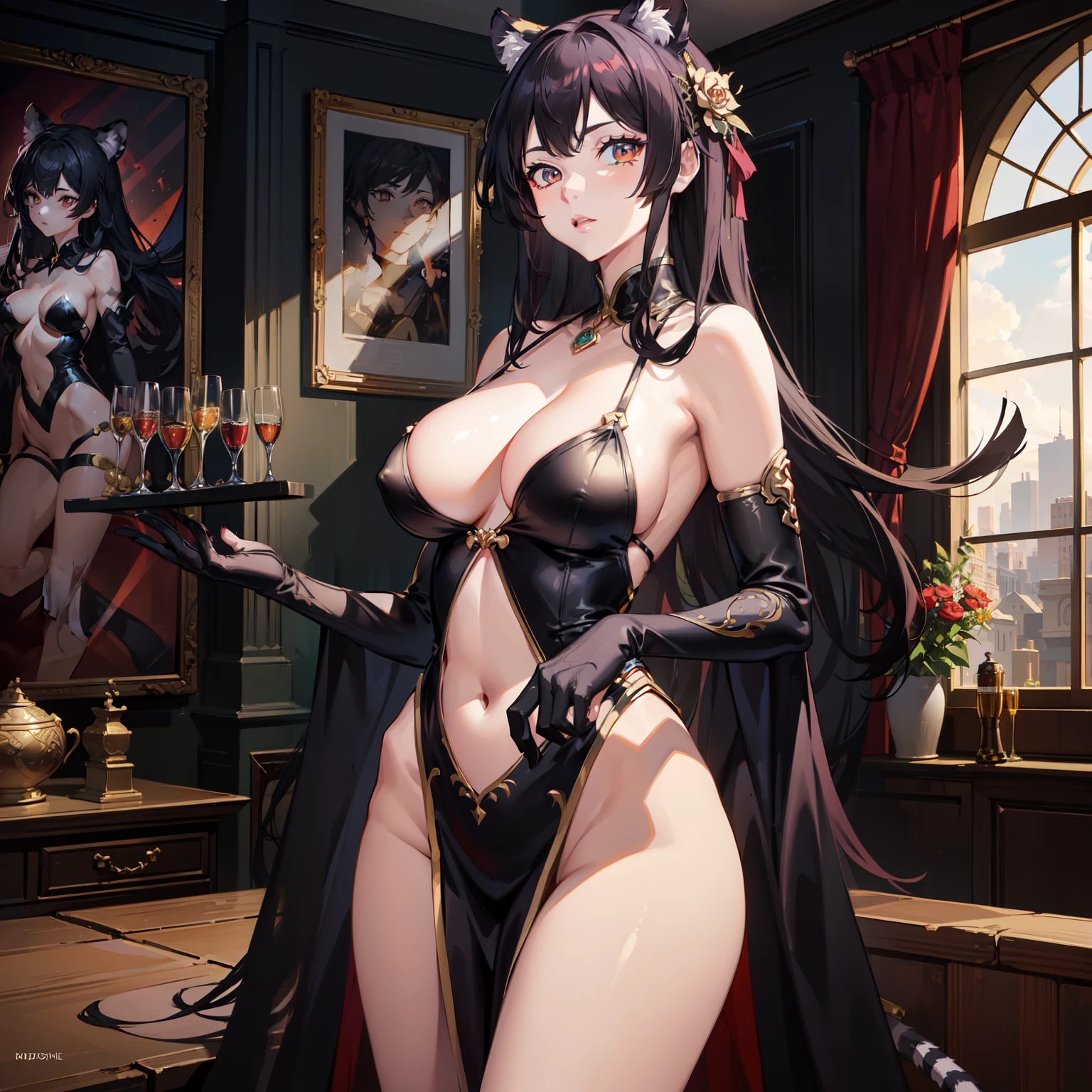 a sexy lady with medium tits ((C-Cups)) and tiger ears in a circus dress and robe, elegant dress, 1girl, breasts, tiger ears, solo, tiger tail, gloves, medium breasts, dress, looking at viewer, long hair, indoors, covered navel, black gloves, thighs, black dress, elbow gloves, bangs, bare shoulders, black hairs, red bright eyes, tiger ears and long tiger tail, pin straight hairs, atmospheric perspective, volumetric lighting, good lighting,, masterpiece, best quality, highly detailed, extremely detailed cg unity 8k wallpaper, illustration,((beautiful detailed face)), best quality, (hyper-detailed ), high-resolution illustration ,high quality, highres, sidelighting, (illustrationbest),highres,illustration, absurdres, hyper-detailed, intricate detail, perfect, high detailed eyes, gorgeous eyes, perfect lighting, (extremely detailed CG:1.2)