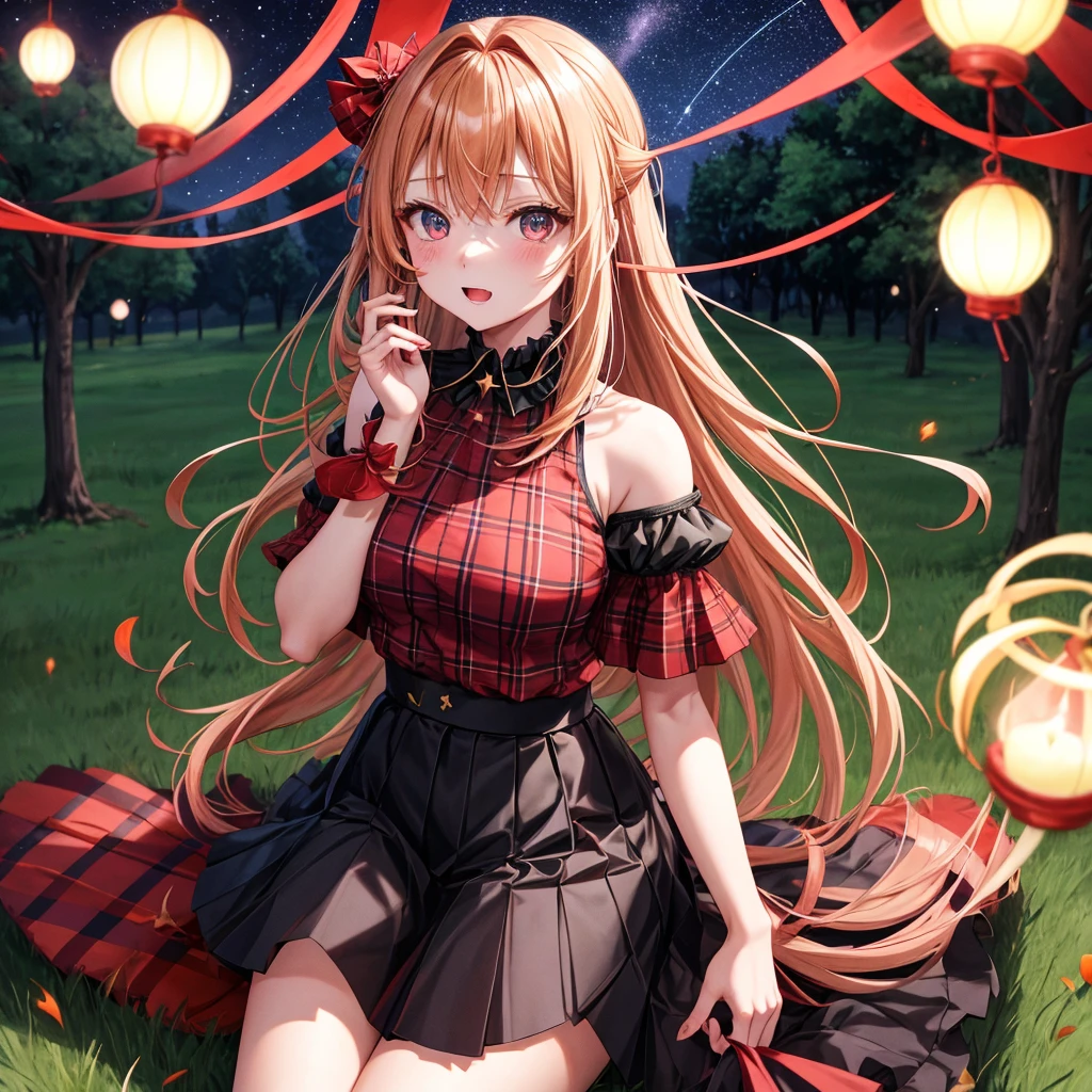 Red-blonde、poneyTail、verd s eyes、one good looking girl、独奏、animesque、lightly dressed、Plaid miniskirt、a black T-shirt、large tree、grass field、fullmoon、candle fire、Meteor swarm、starrysky、are flying、drak